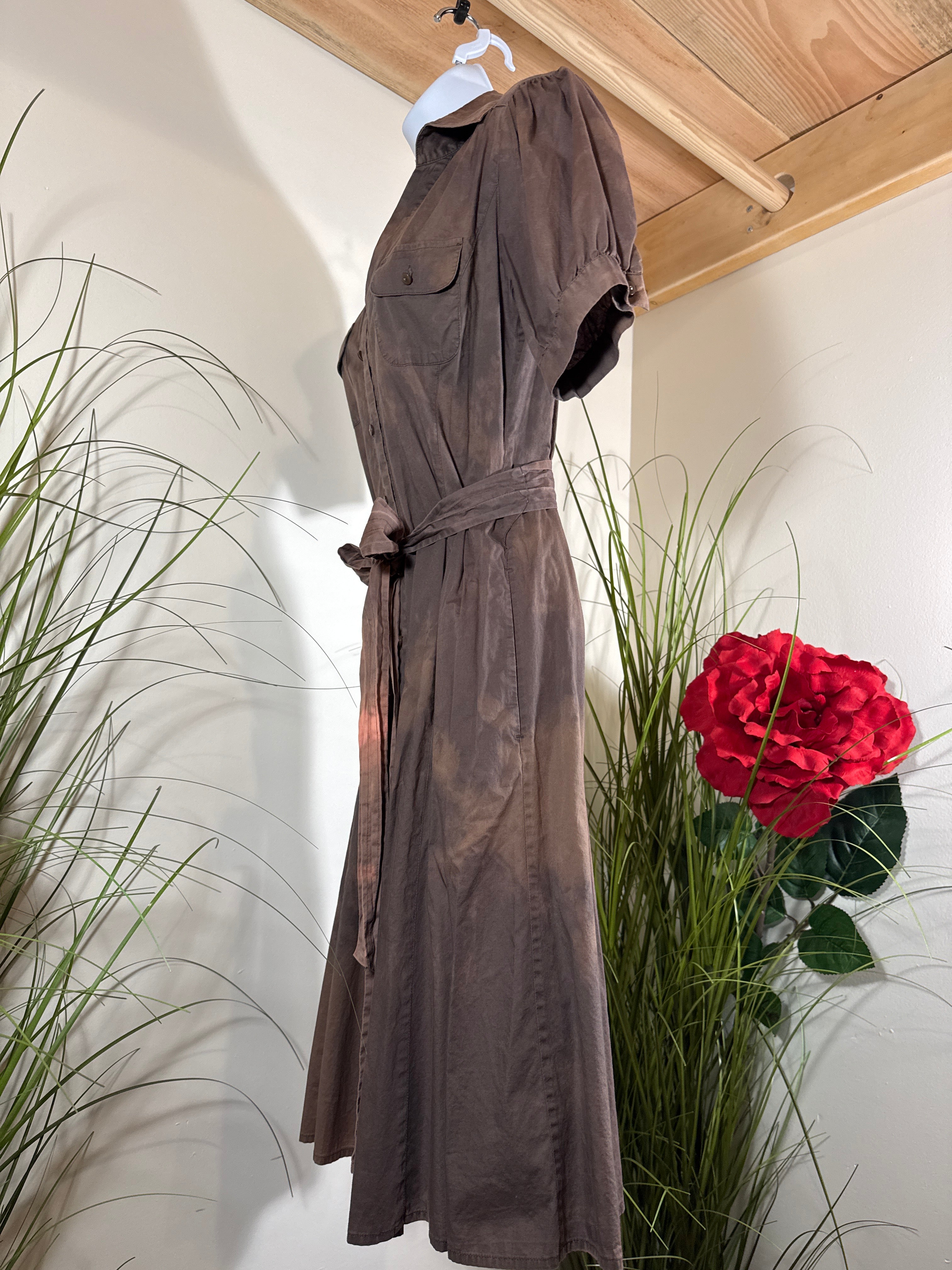 Cotton tie-dye Short Sleeve Dress-￼ button front collared