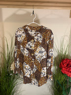 Size 40 Vintage 80's Leopard Print and Chain Design Viscose Button Down Long Sleeve Shirt