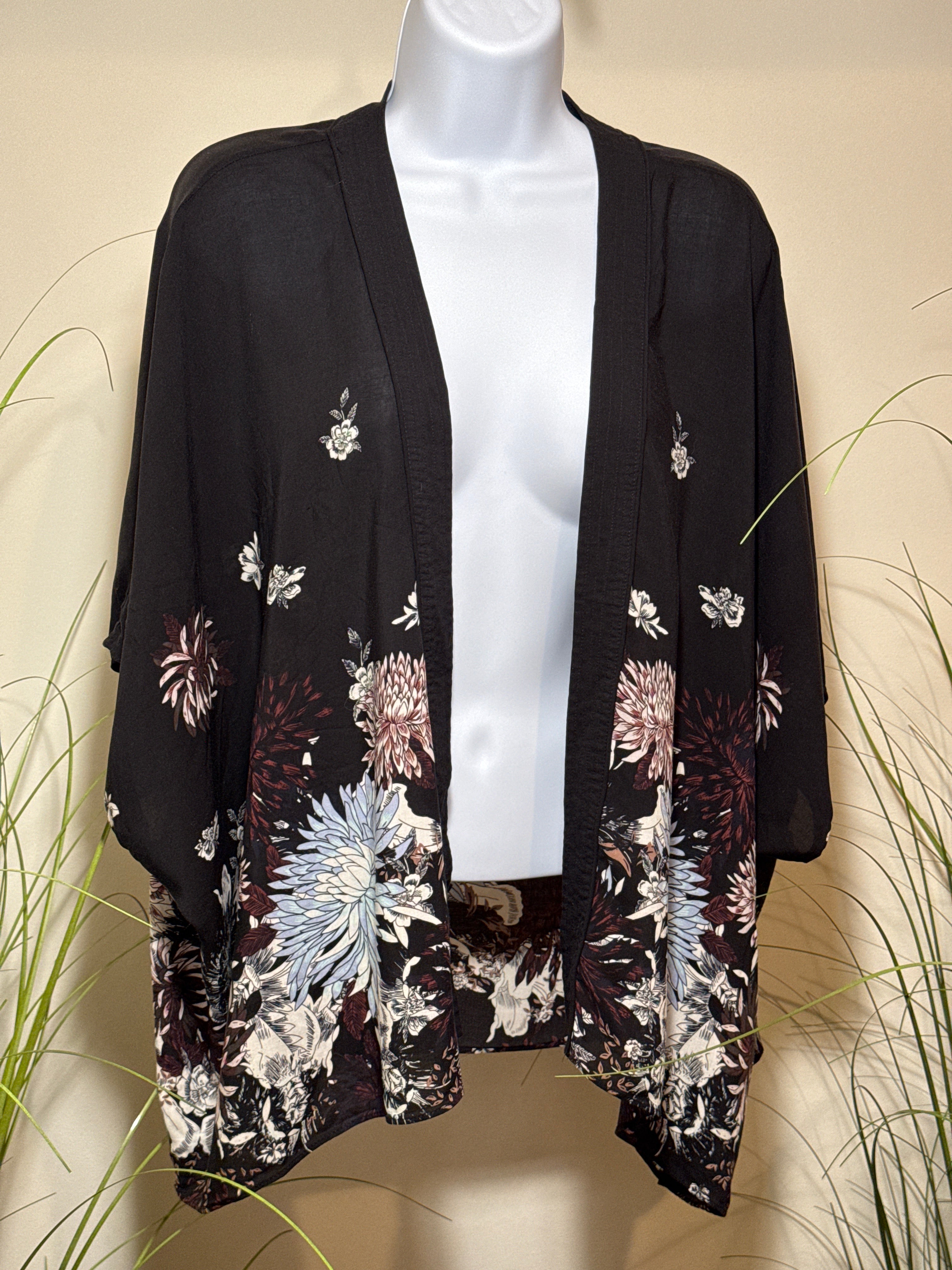 Aritzia Black Floral Kimono Style Cardigan