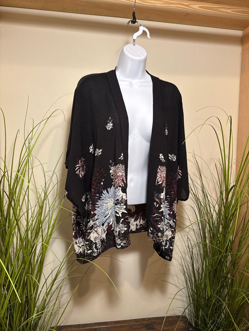 Aritzia Black Floral Kimono Style Cardigan
