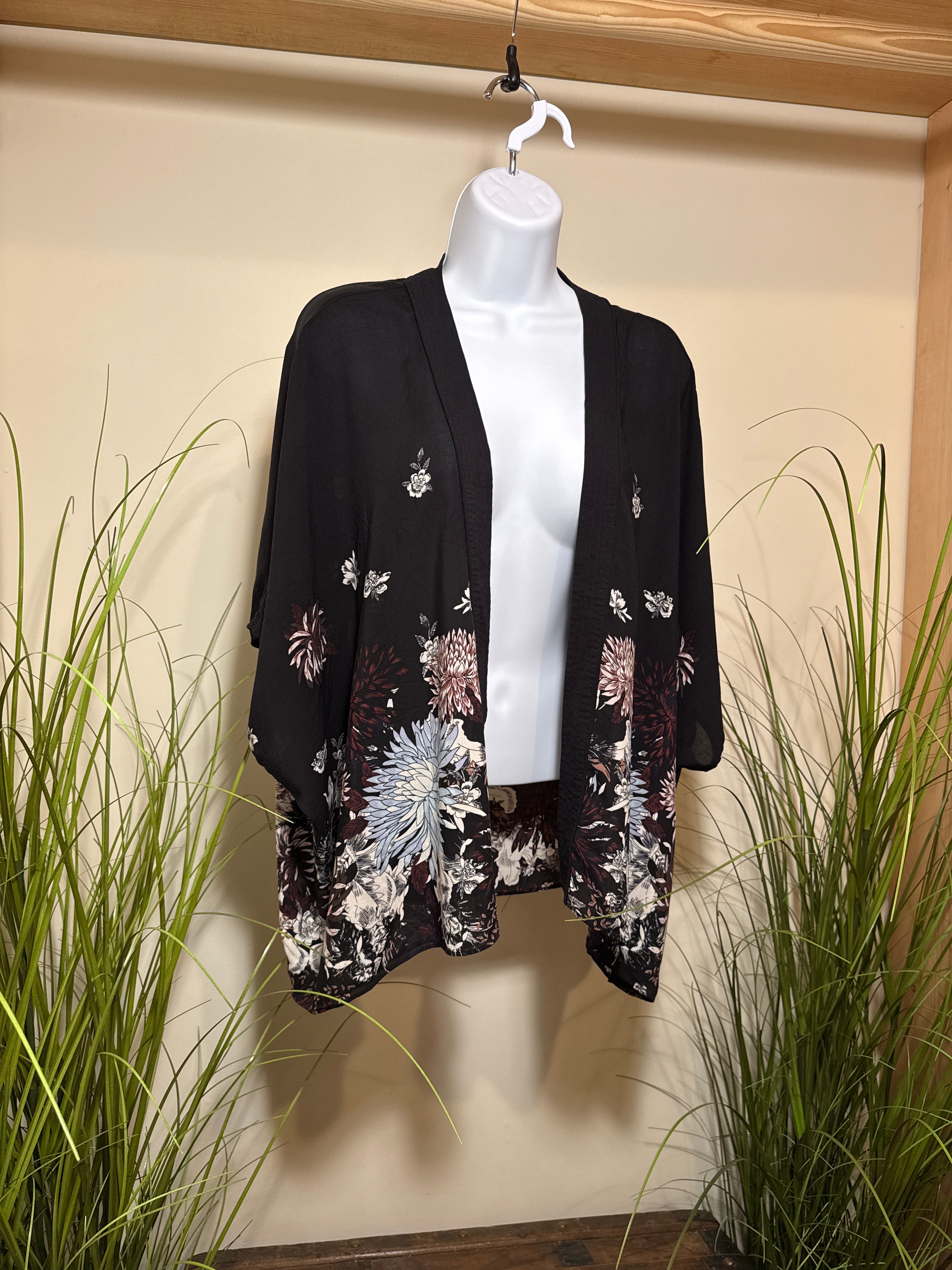 Aritzia Black Floral Kimono Style Cardigan