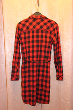 Back view of a red and black buffalo plaid long-sleeve cotton blend shirt dress for sale on consignment.