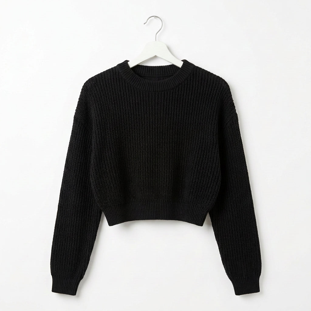 A  ribbed knit long-sleeve crop sweater on consignment.
