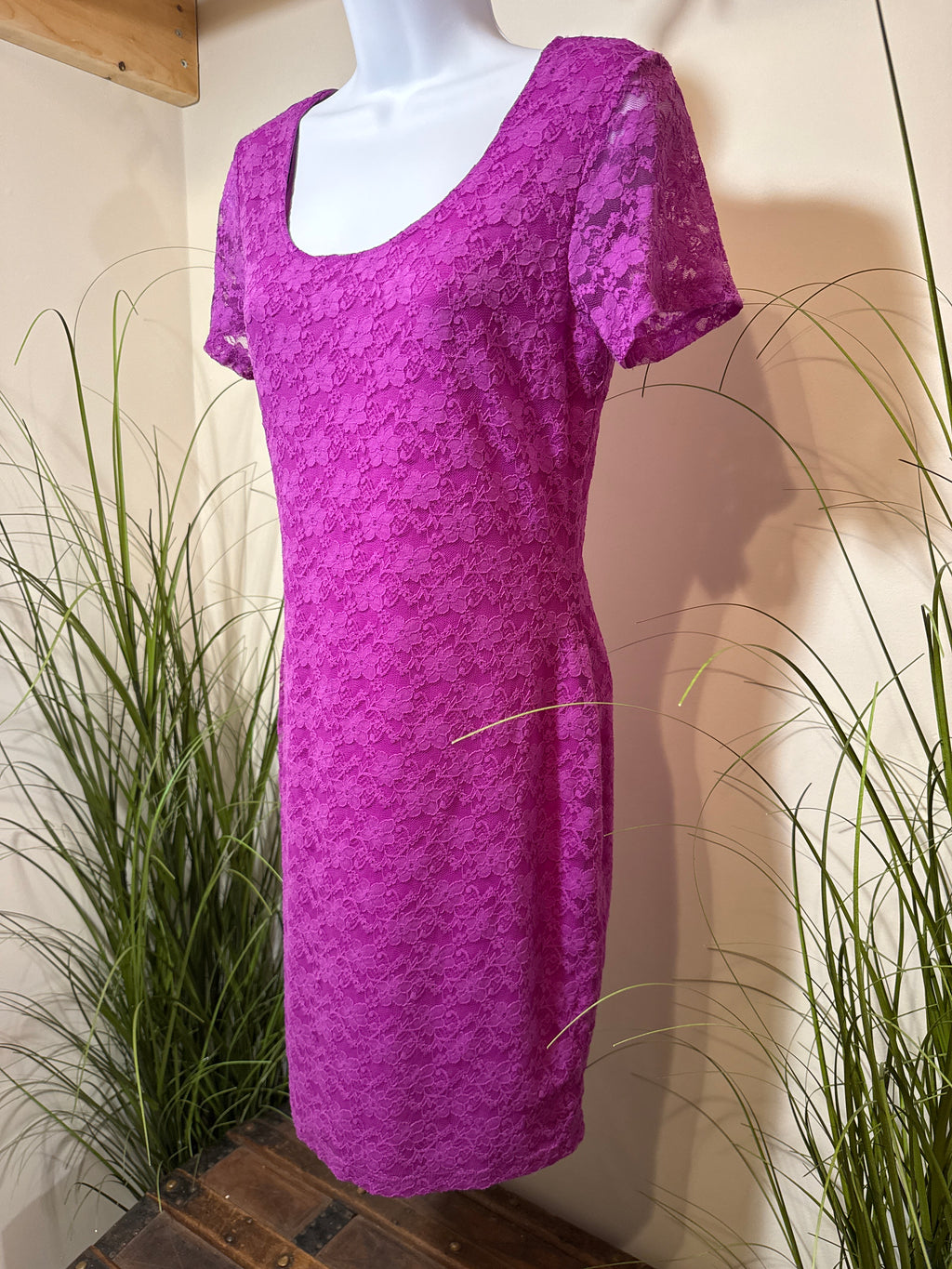 H&M Short Sleeve Fitted Lace Overlay Dress in Purple