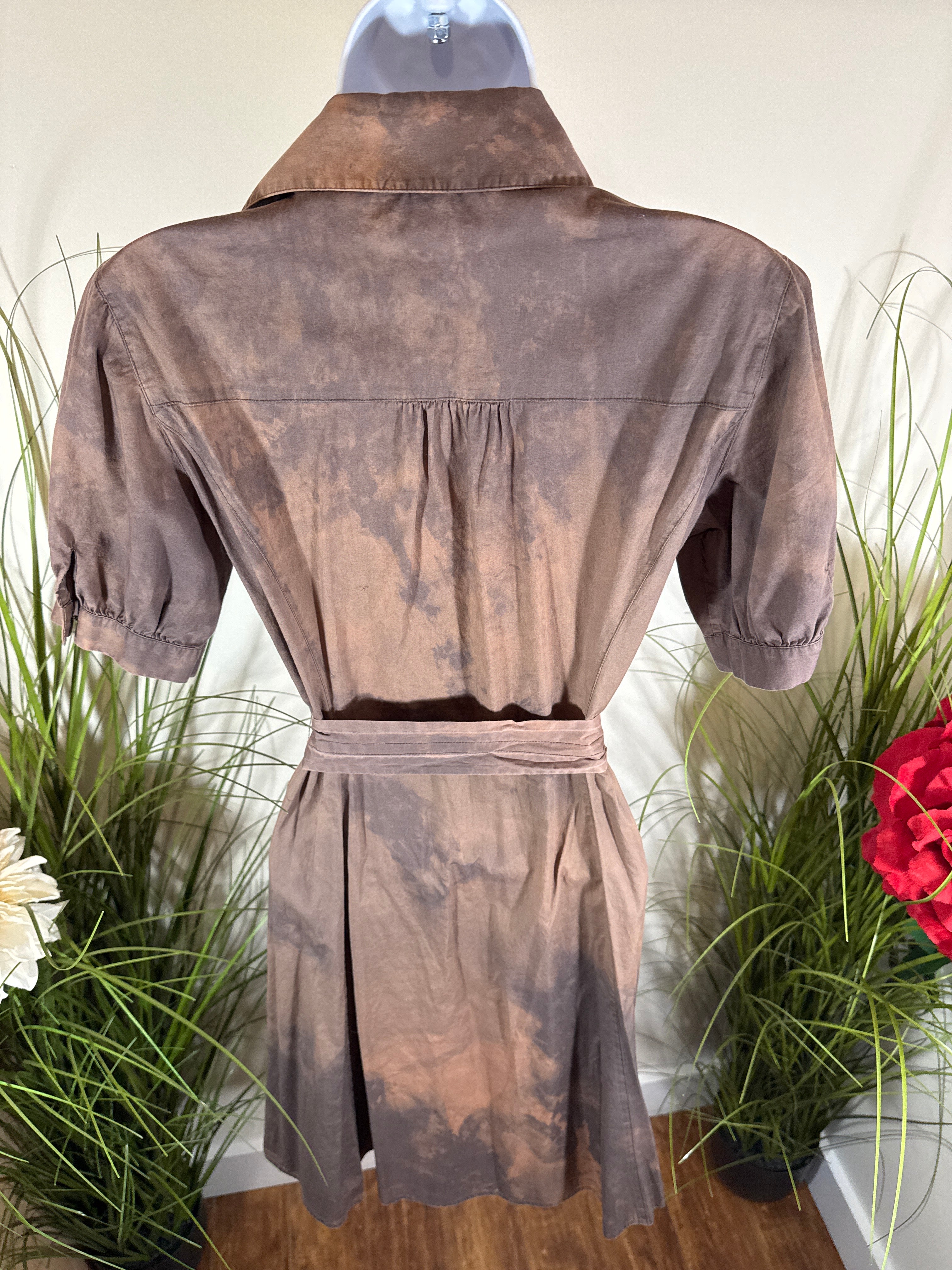 Cotton tie-dye Short Sleeve Dress-￼ button front collared