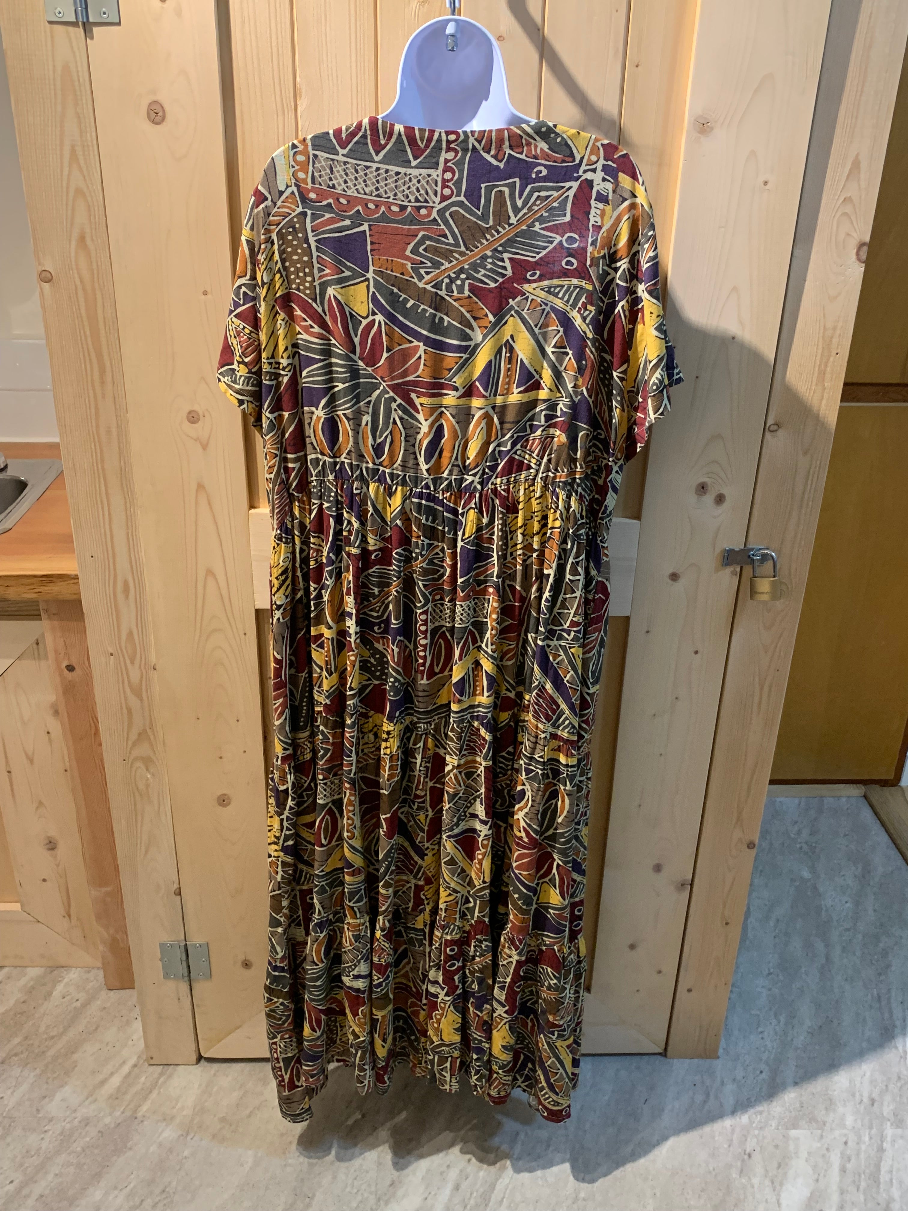 Size XL Blue Sky 50/50 Linen Bamboo Multi Colored Patterned Maxi Dress