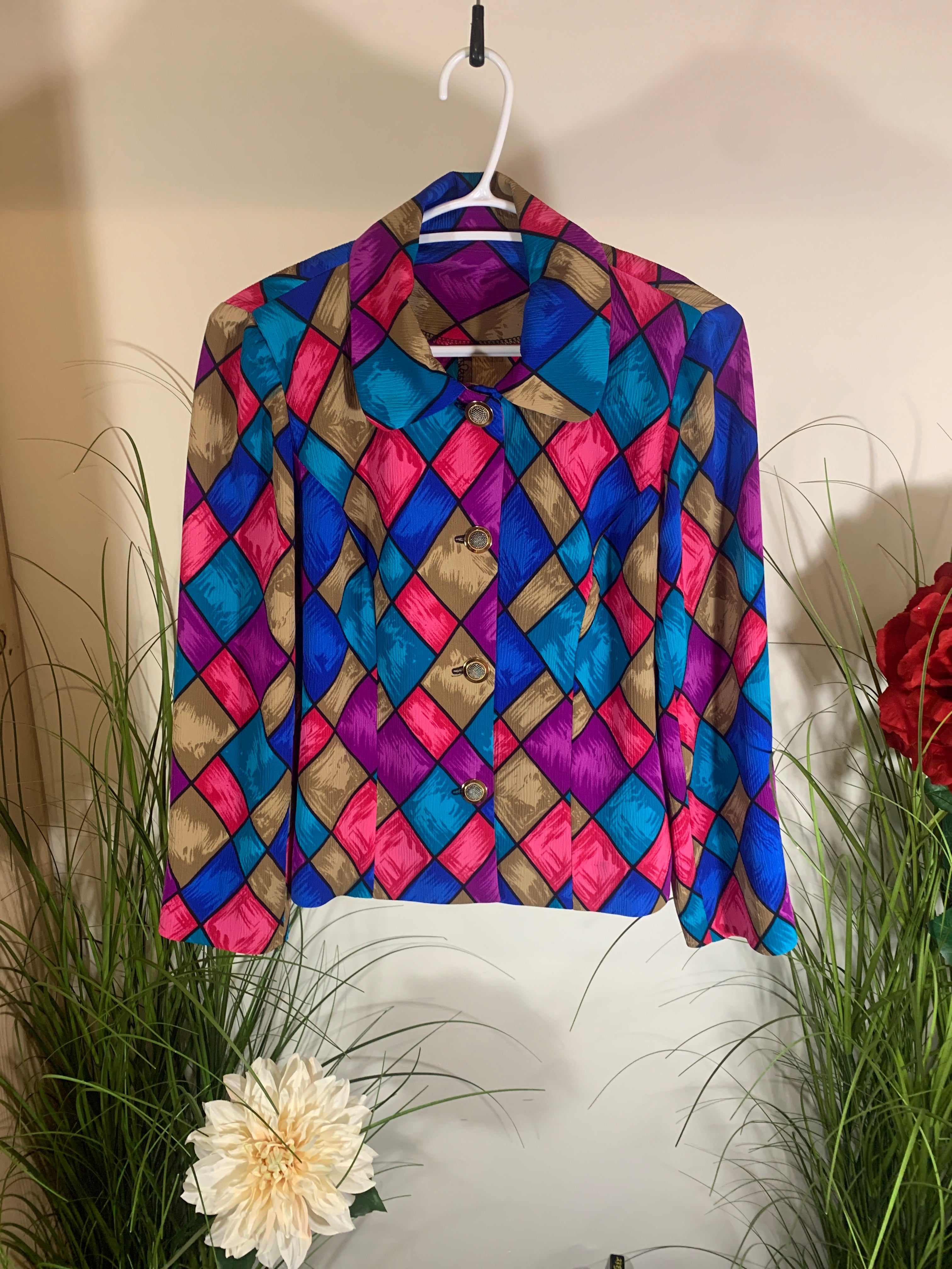 Vintage 80's Multi Colored Vibrant Stained Glass Look Blazer