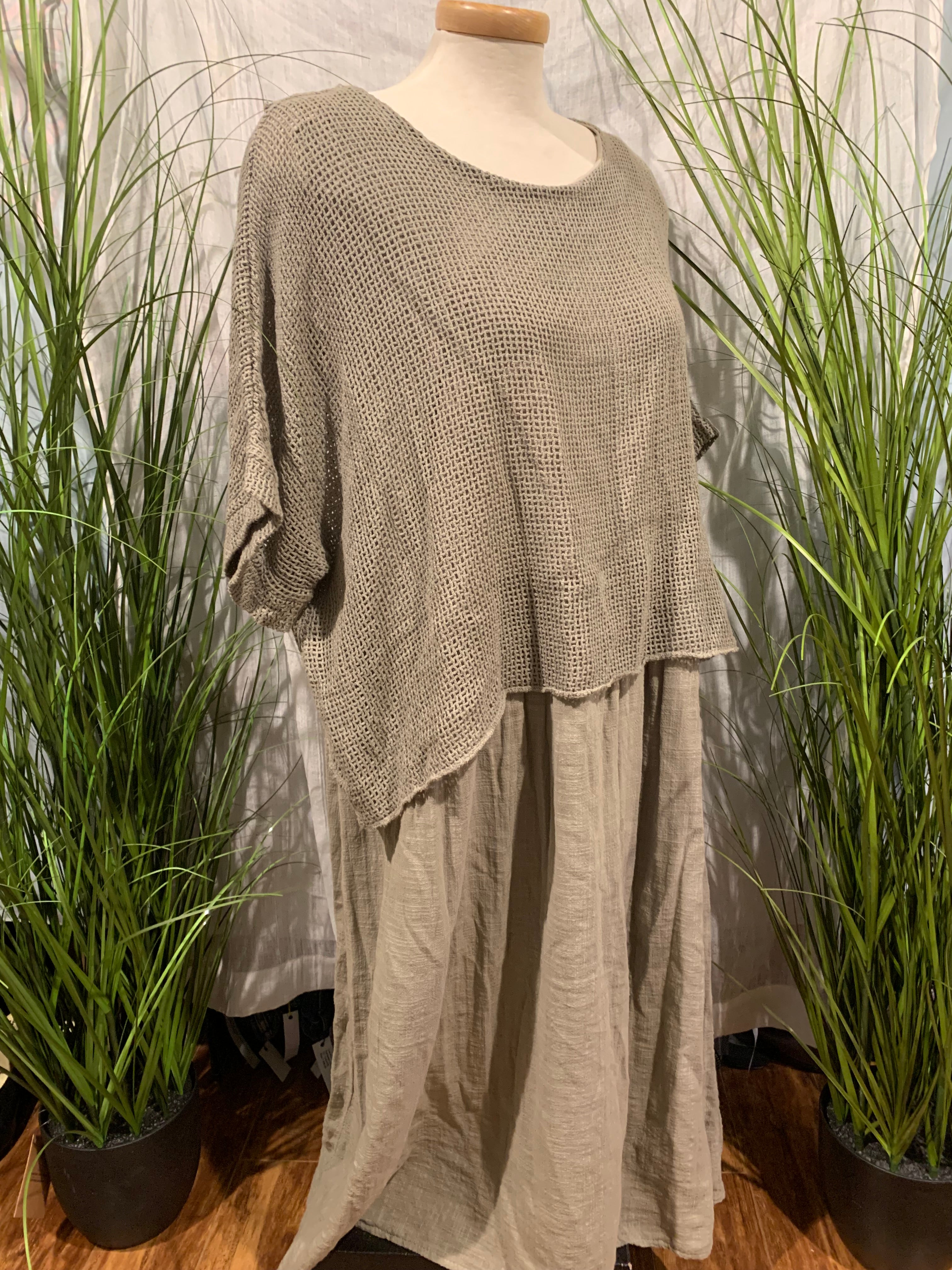 Italian Lagenlook 100% Cotton Dress with Under Dress and Mesh Top
