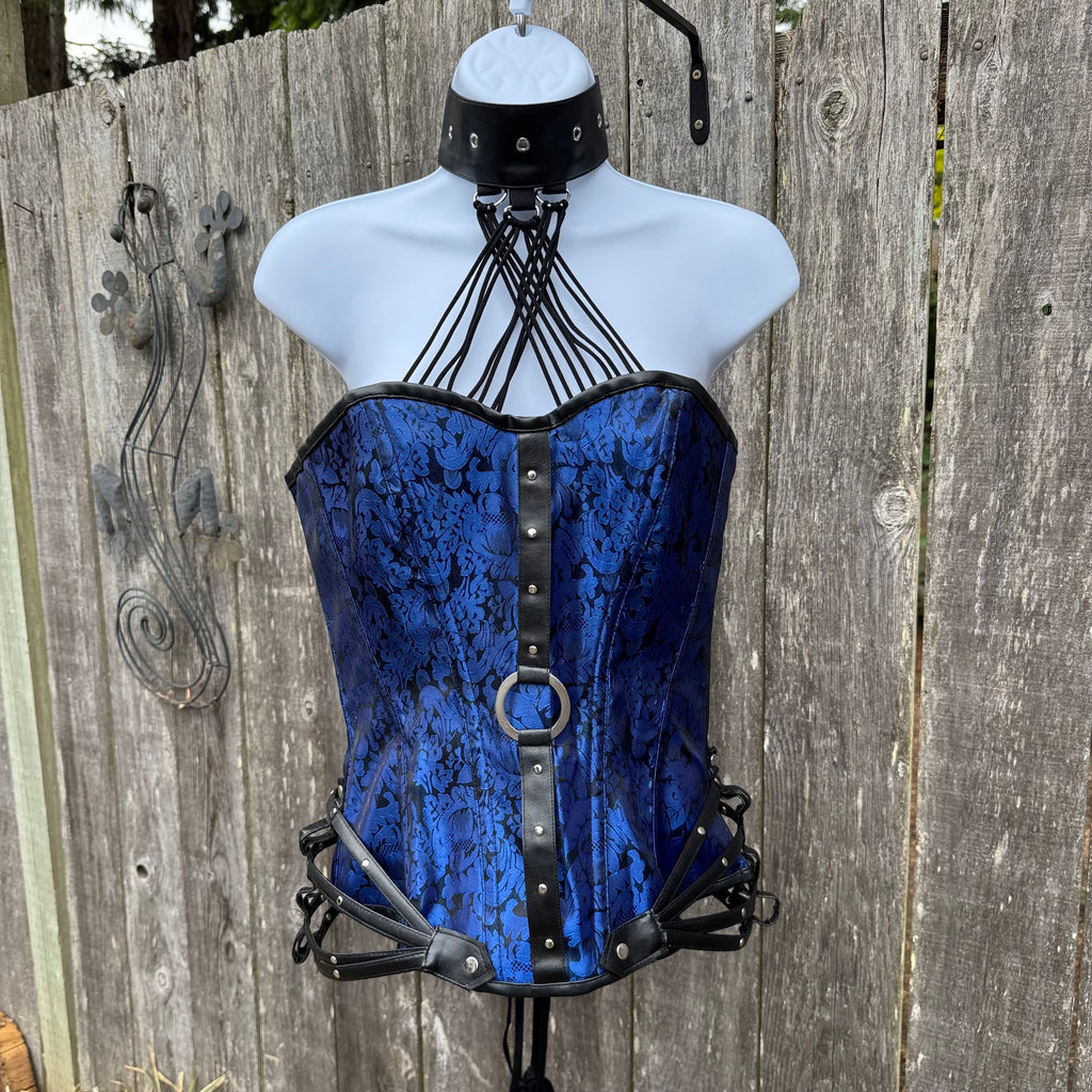 Blue Brocade Corset With Cuffs