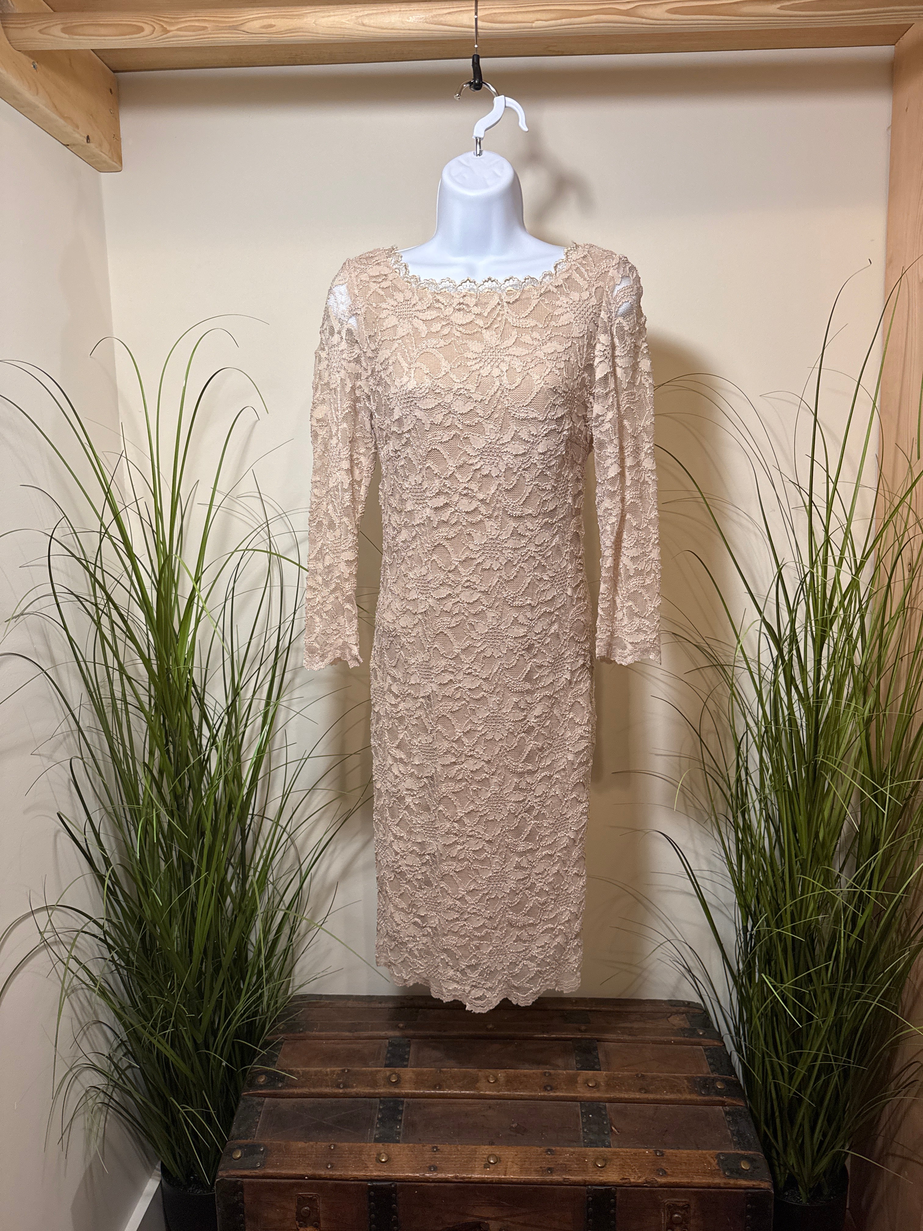 Frank Lyman Design Zipper Back Dress in Beige and Gold VARDO Vintage & Valuables Frank Lyman Design Zipper Back Dress in Beige and Gold VARDO Vintage & Valuables