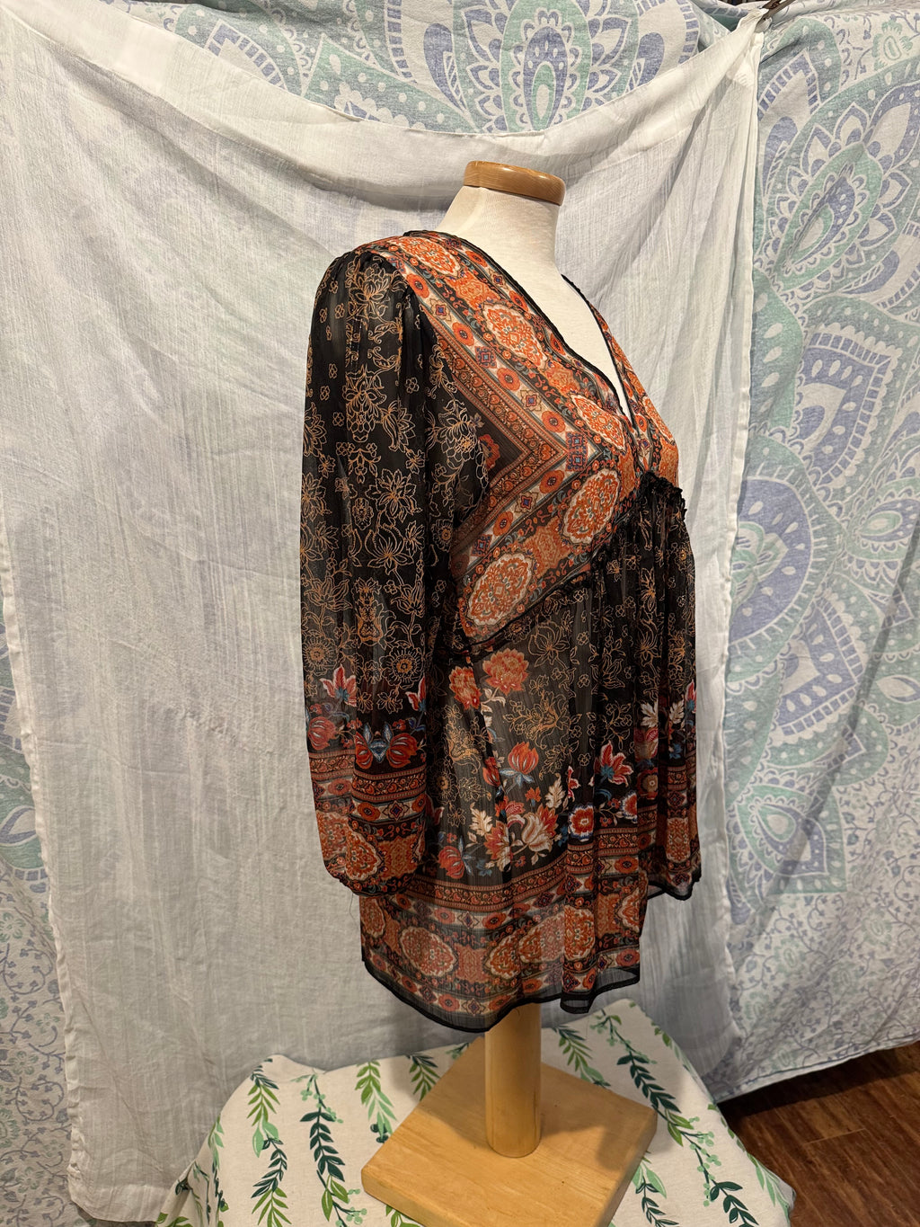 Size L Rose + Olive 100% Rayon Sheer Boho Blouse