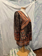 Size L Rose + Olive 100% Rayon Sheer Boho Blouse