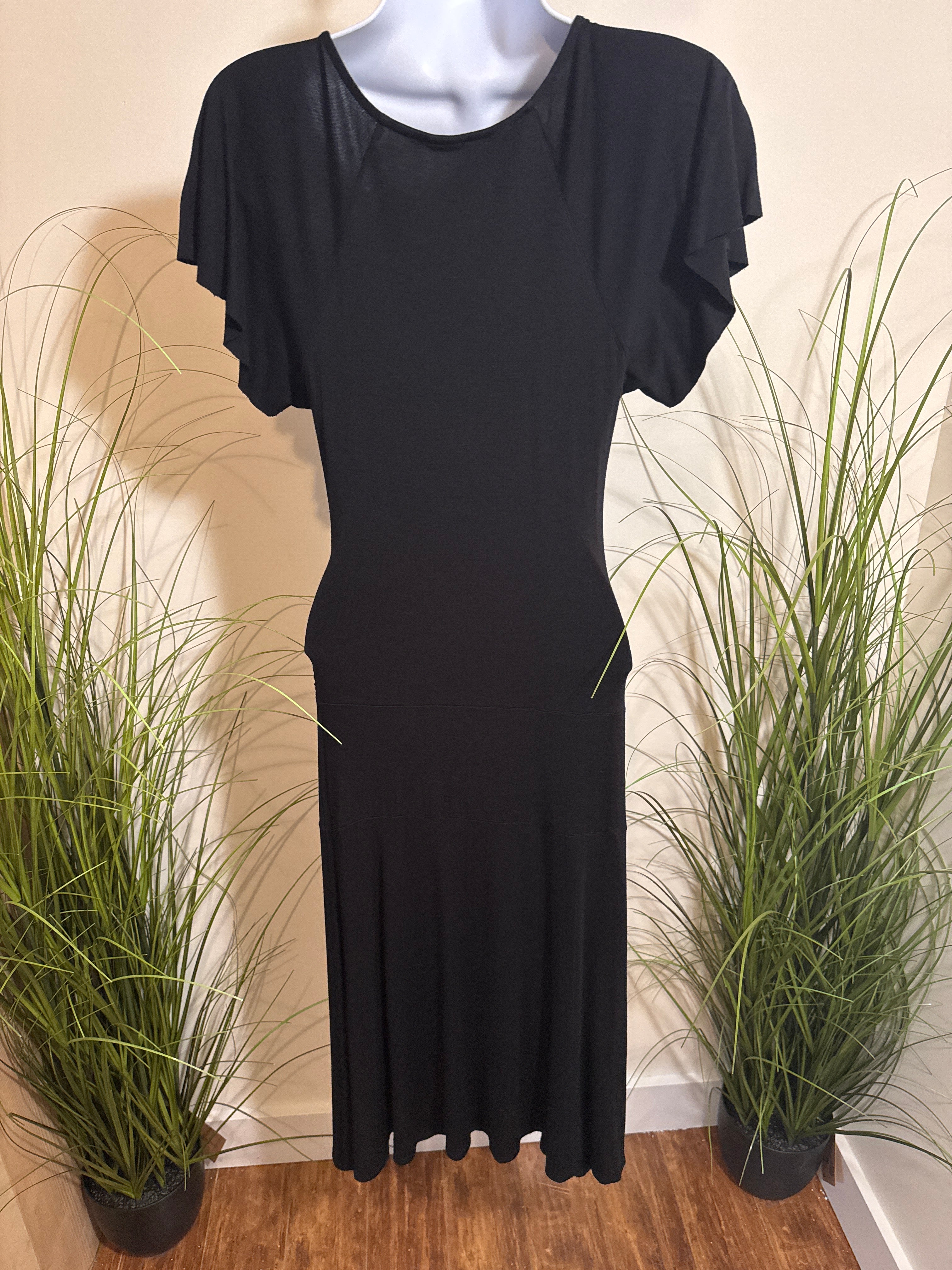Plunging V-neck Long Black Rayon Dress