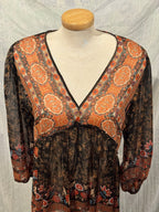 Size L Rose + Olive 100% Rayon Sheer Boho Blouse