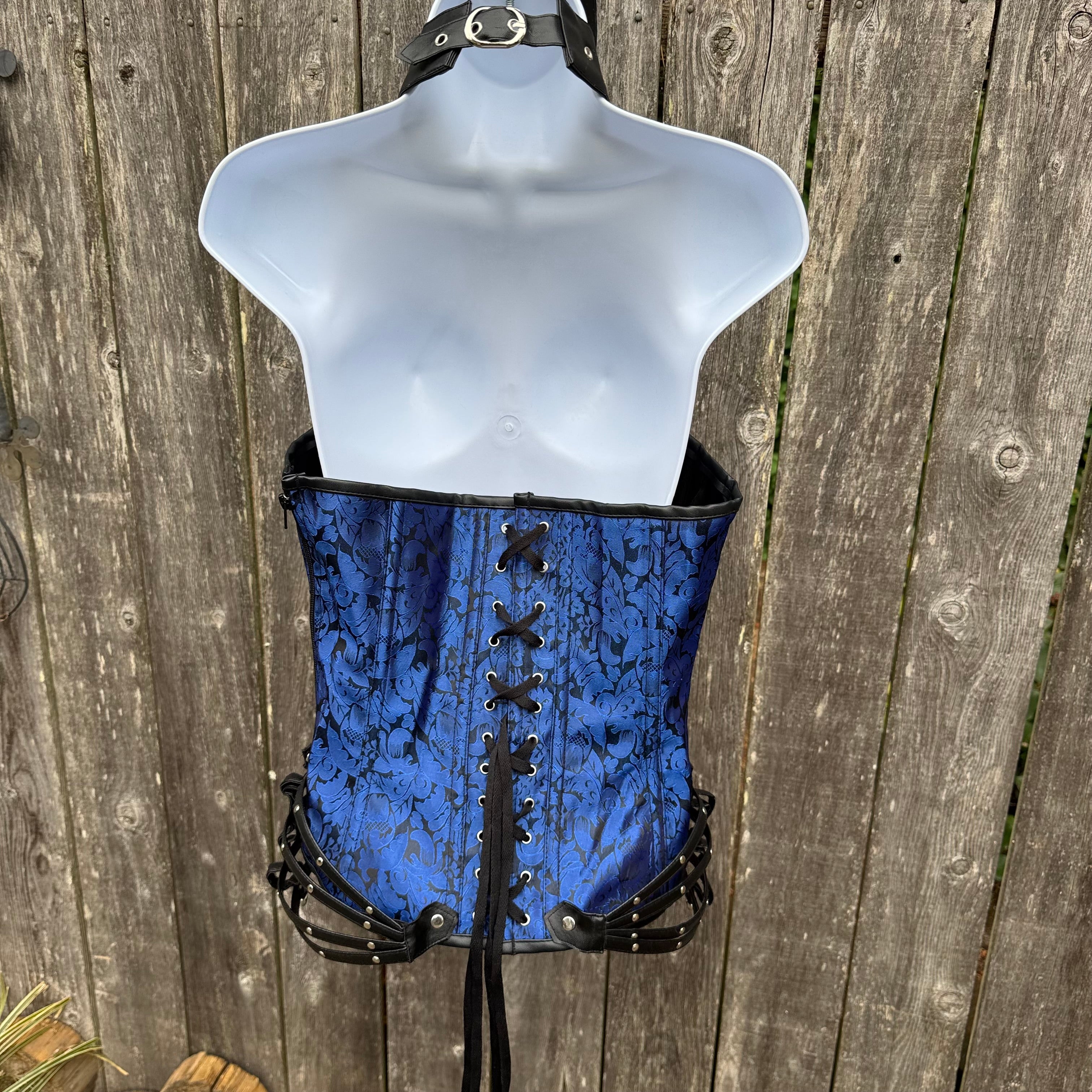Blue Brocade Corset With Cuffs