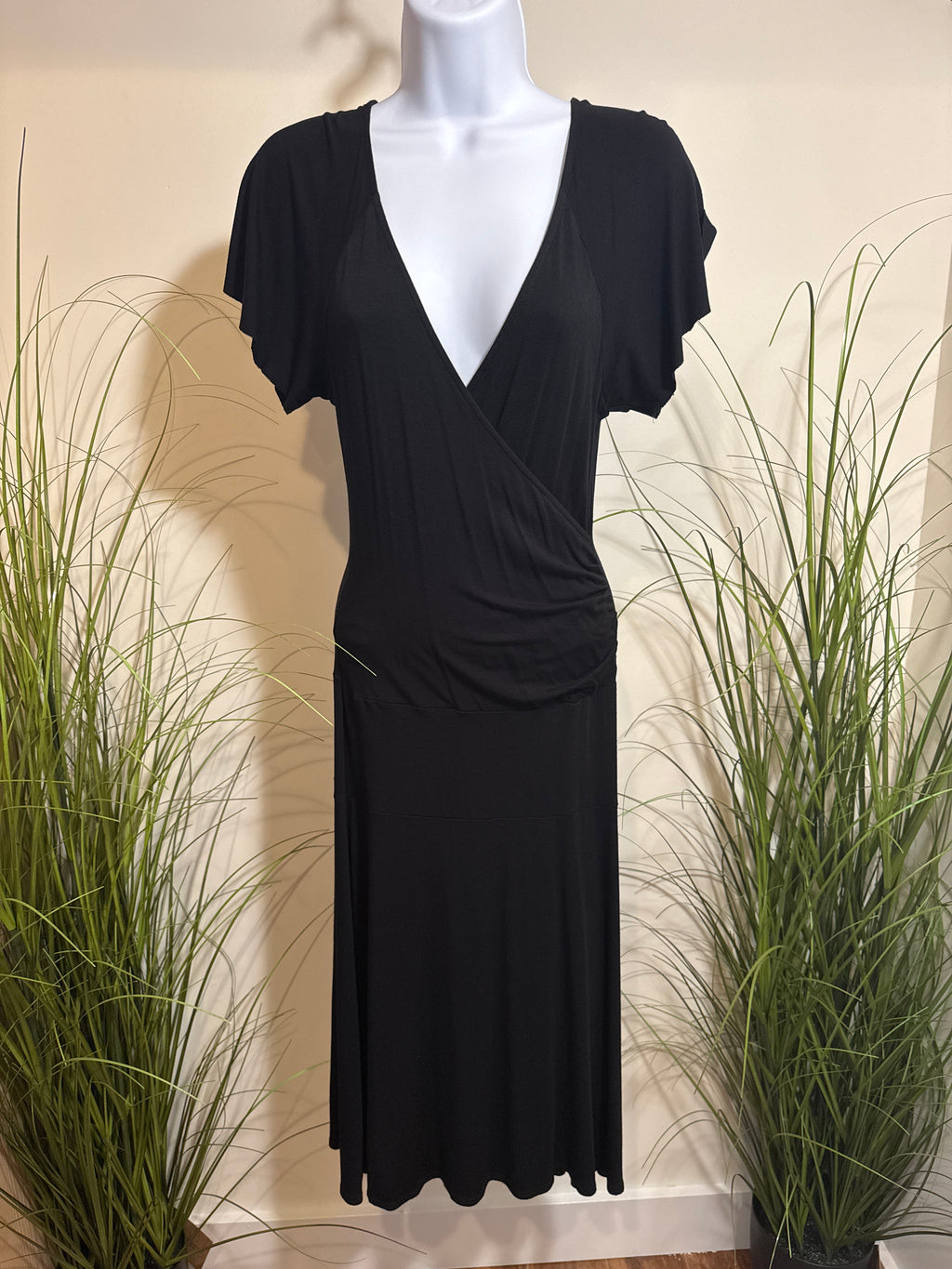 Plunging V-neck Long Black Rayon Dress