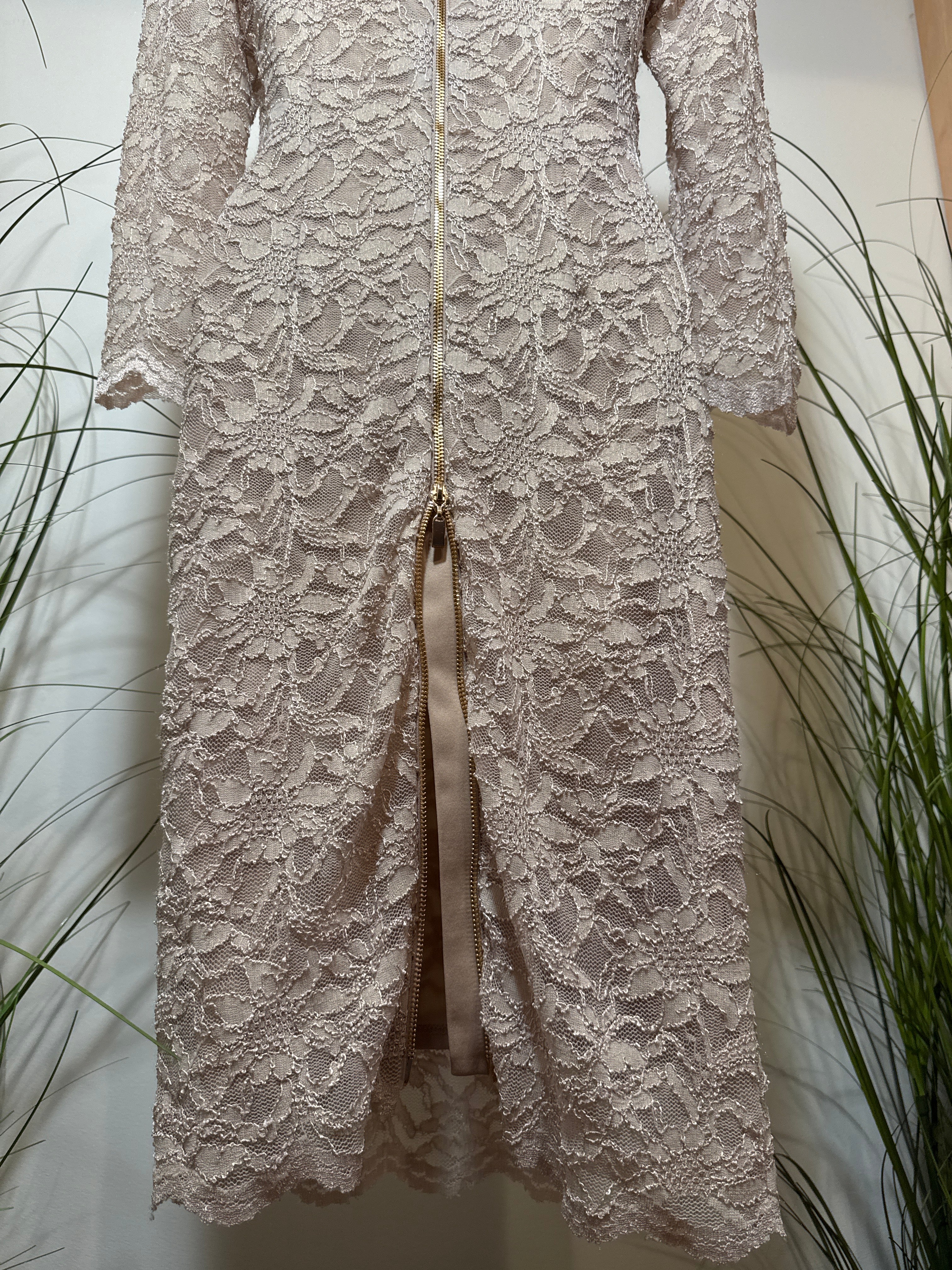 Frank Lyman Design Zipper Back Dress in Beige and Gold