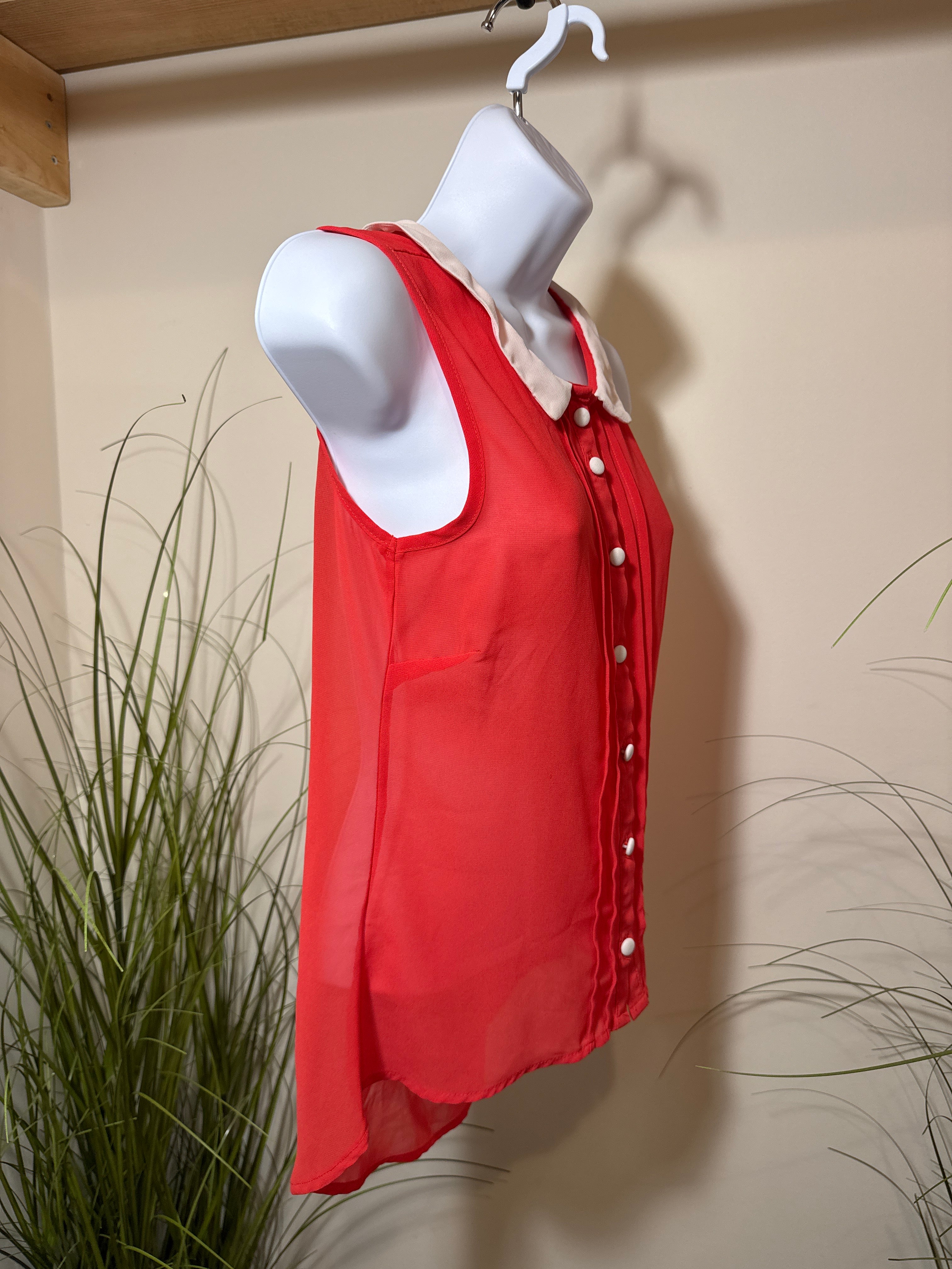 Sheer Red Top with White Collar and Matching Buttons