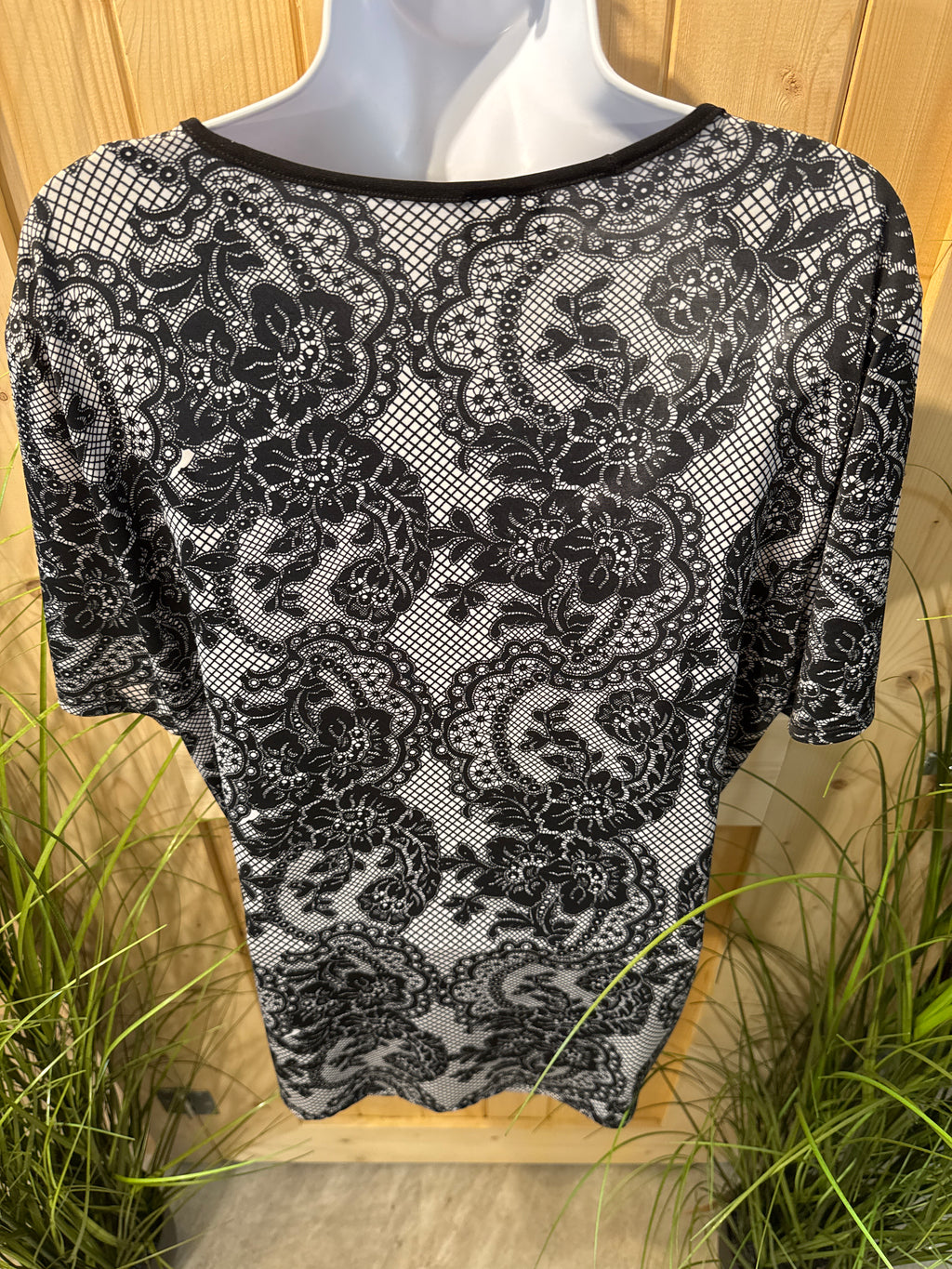 Vamp Black Short Sleeve Layered Top with Victorian Style Floral Pattern