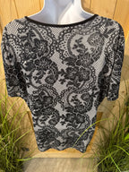 Vamp Black Short Sleeve Layered Top with Victorian Style Floral Pattern