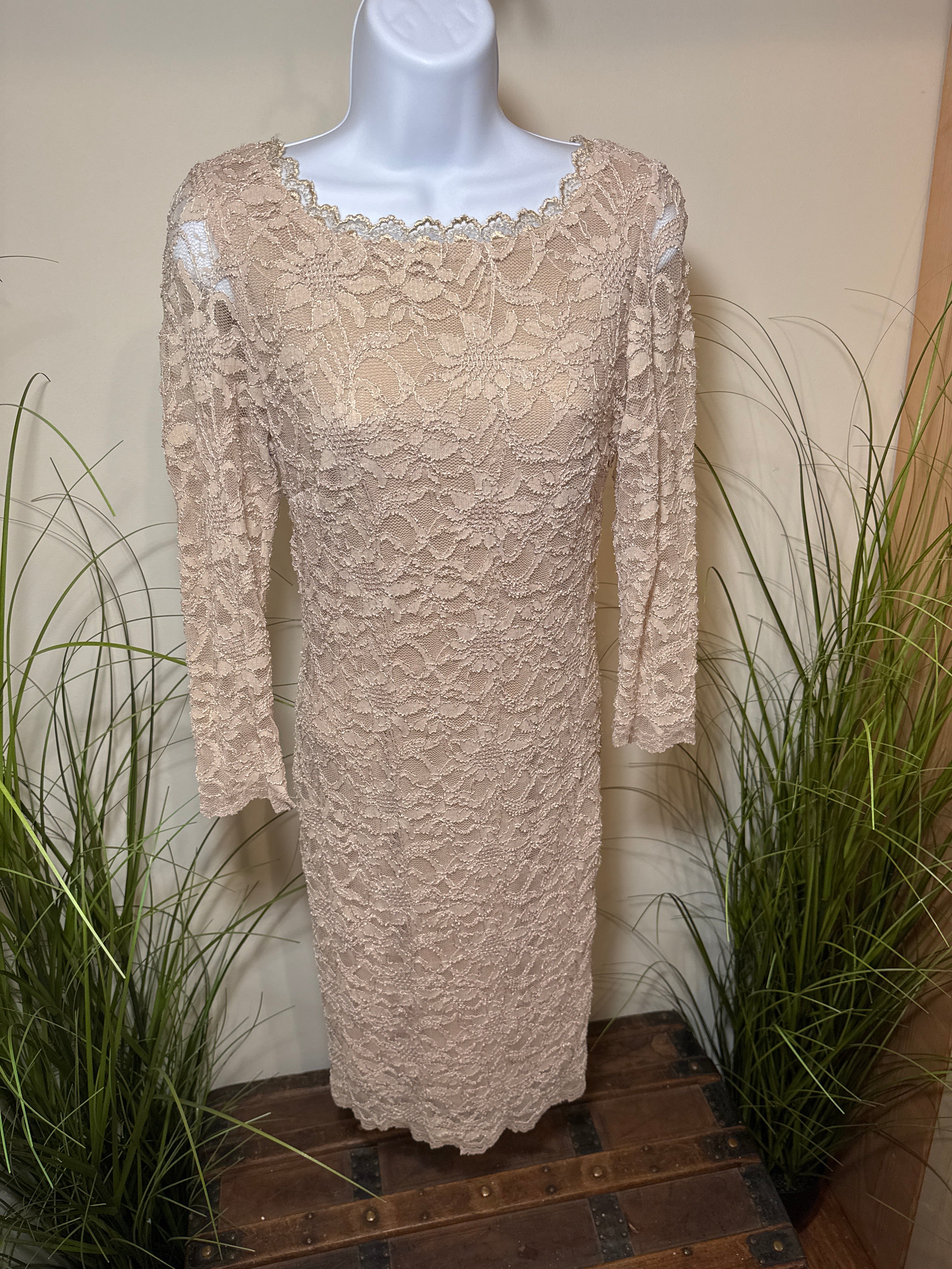 Frank Lyman Design Zipper Back Dress in Beige and Gold