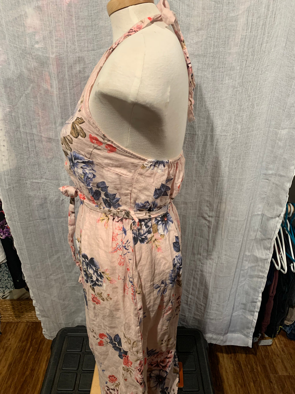 Size L Valentina Naldi Made in Italy 100% Linen Floral Halter Neck Tie Summer Dress