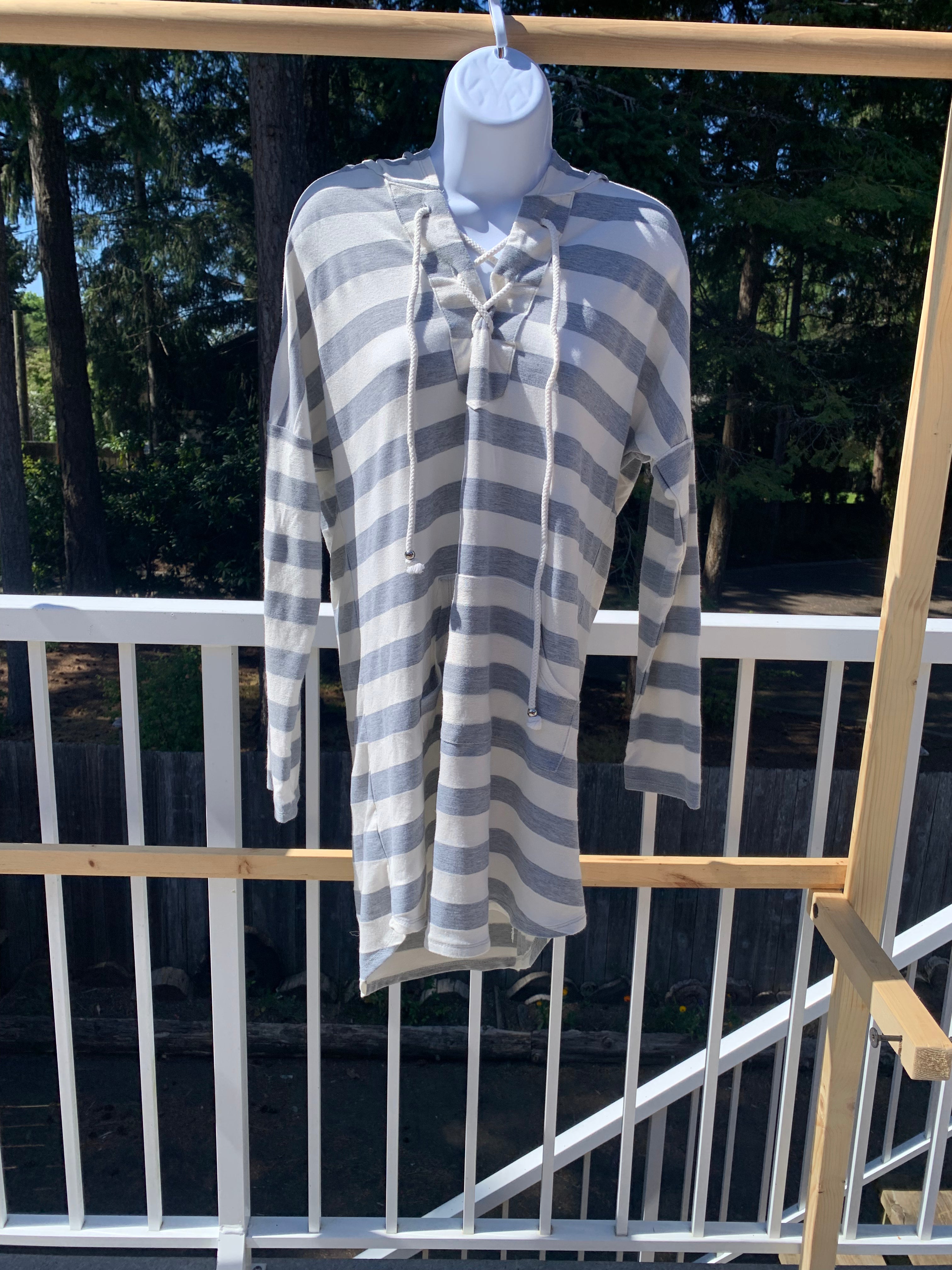 Saint Tropez West Hooded striped pull over long sleeve with rope lace-up neckline