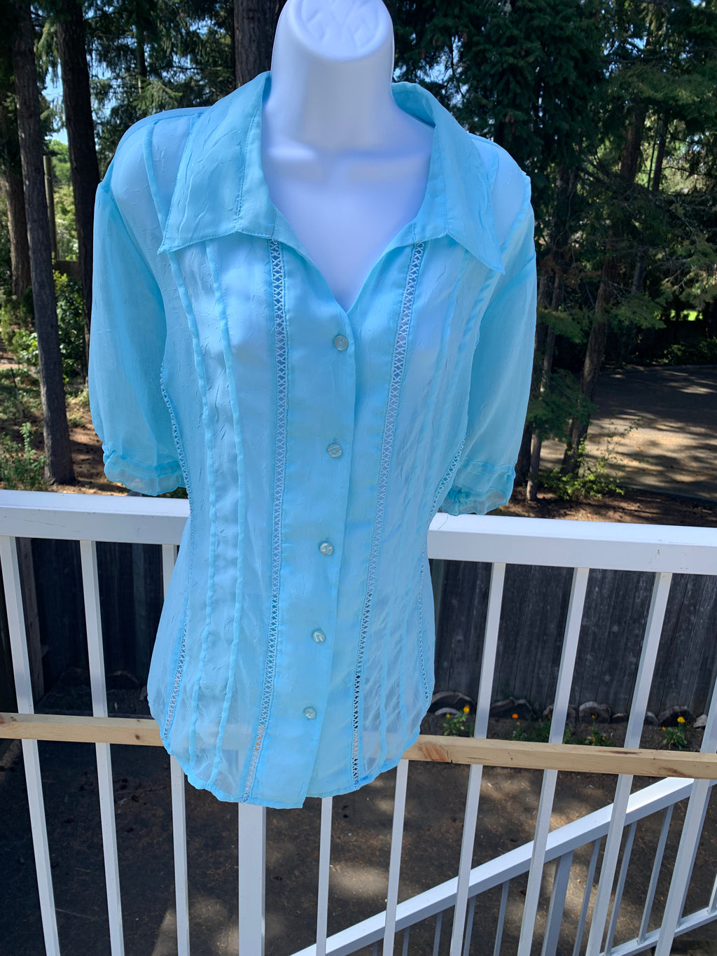 Robin’s egg blue sheer collar short sleeve blouse