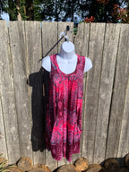 100% Rayon Sleeveless Vibrant Flowing Colorful Patterned Dress Fits Large