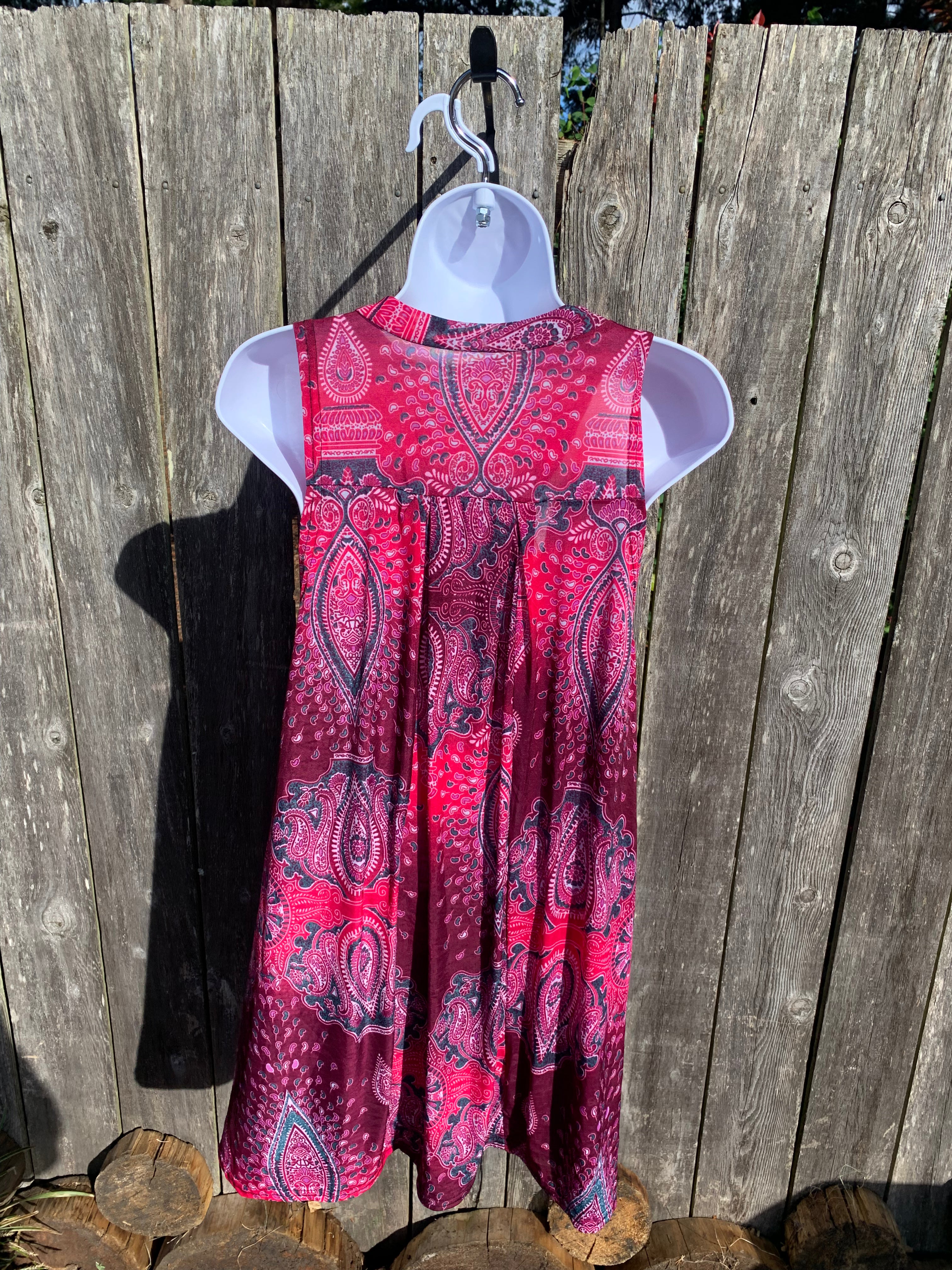 100% Rayon Sleeveless Vibrant Flowing Colorful Patterned Dress Fits Large