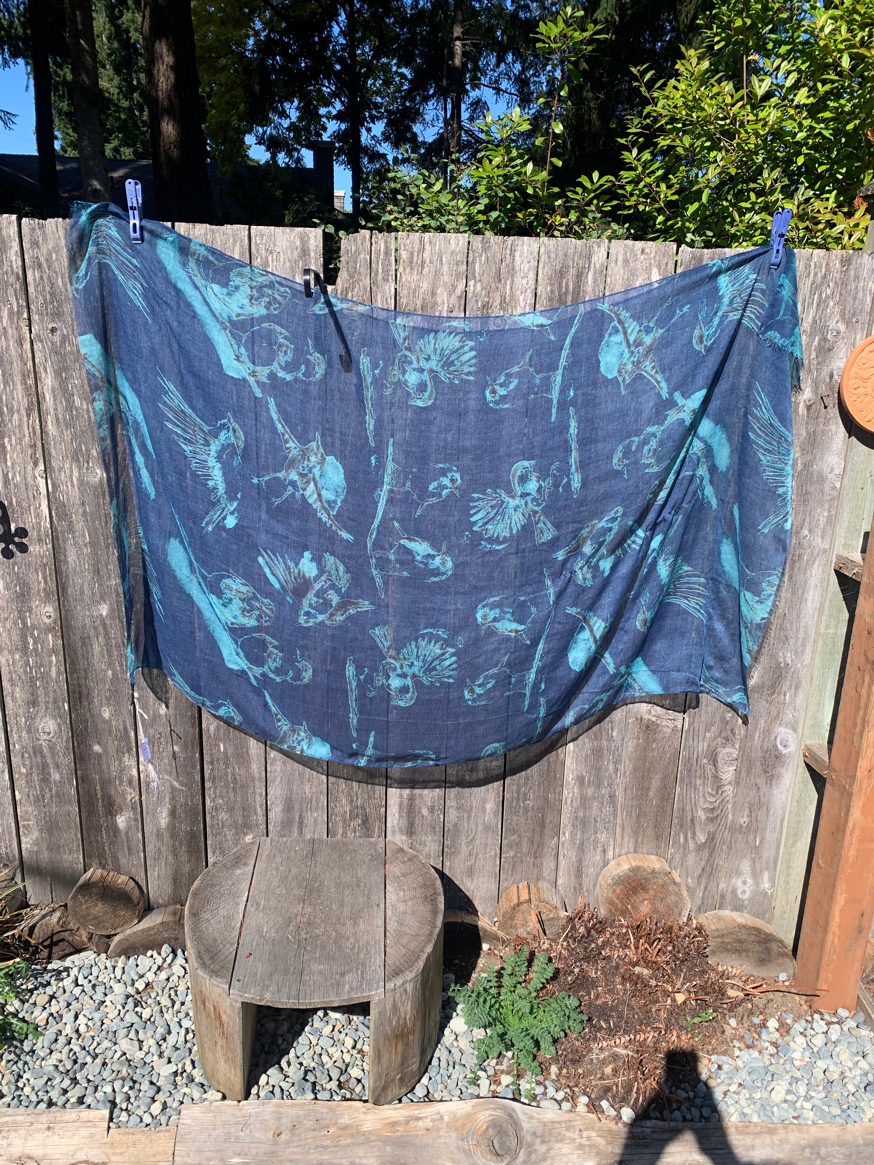Sheer Cerulean Blue Scarf With Printed Bird Pattern