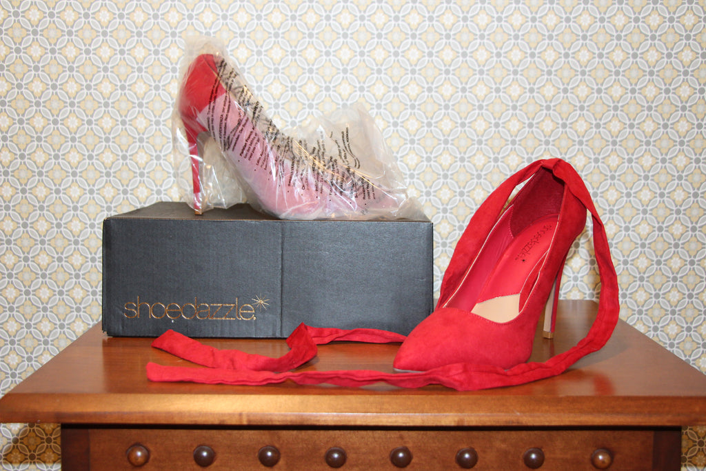 Size 9 Red high heel pumps with ankle tie by ShoeDazzle