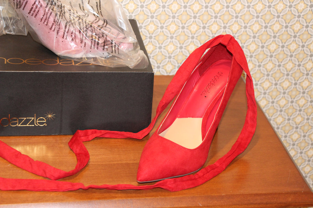 Size 9 Red high heel pumps with ankle tie by ShoeDazzle