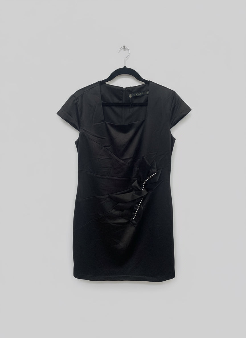 LAVENA Black Satin Midi Occasional Dress - Consigned with VARDO Vintage & Valuables vvvardo.ca