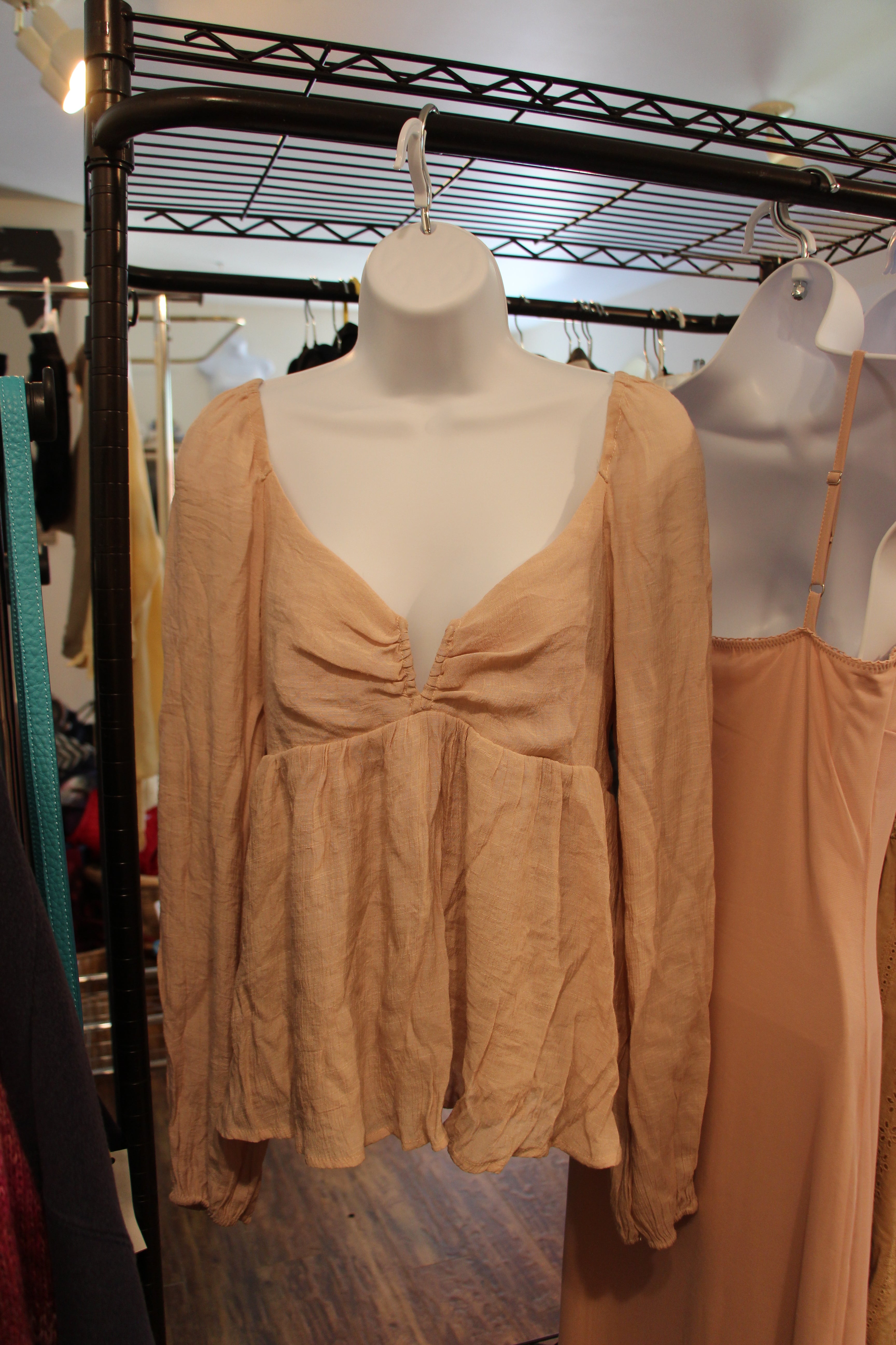 Light pink empress waist long sleeve top with deep plunge neckline