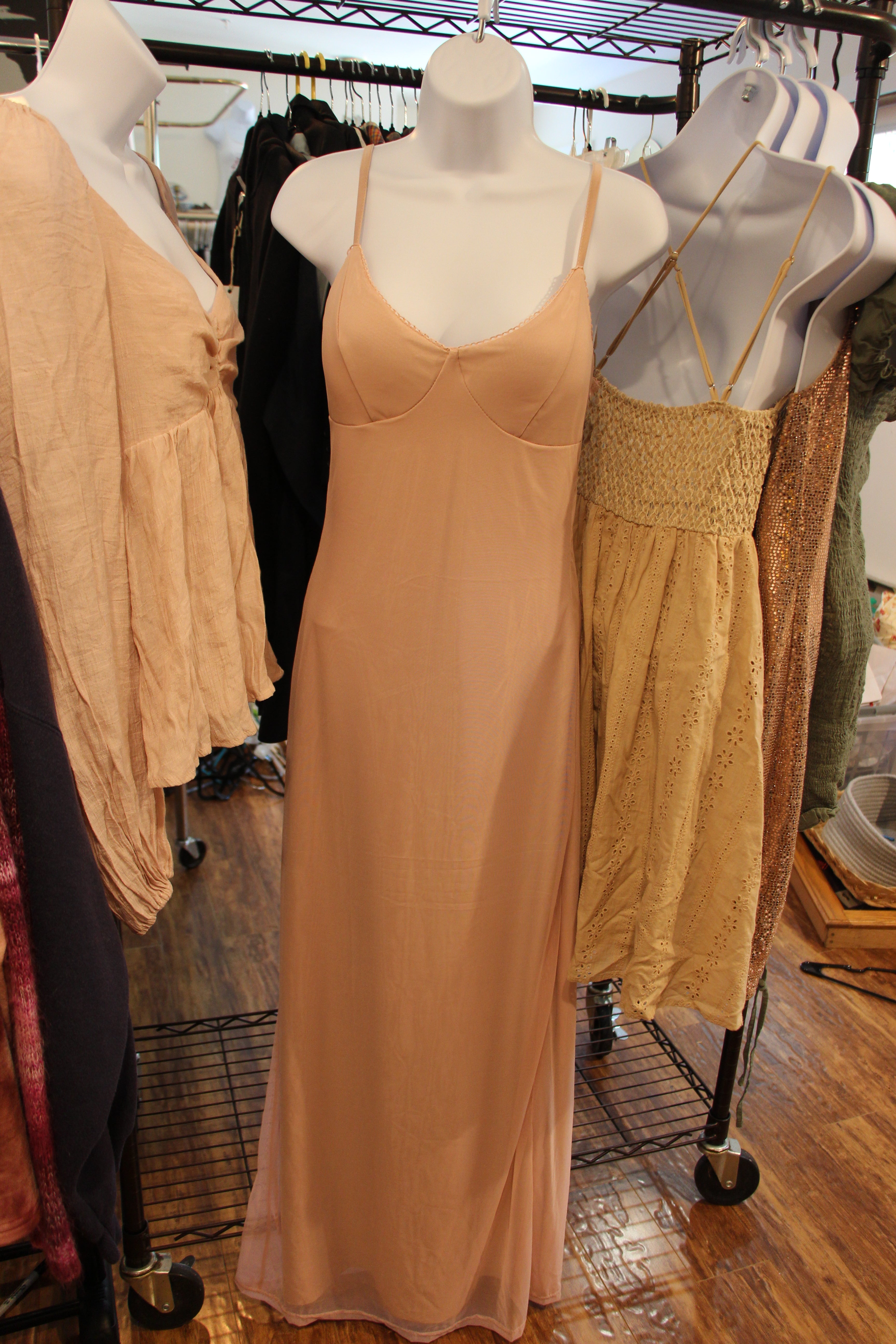 Long light pink spaghetti strap gown