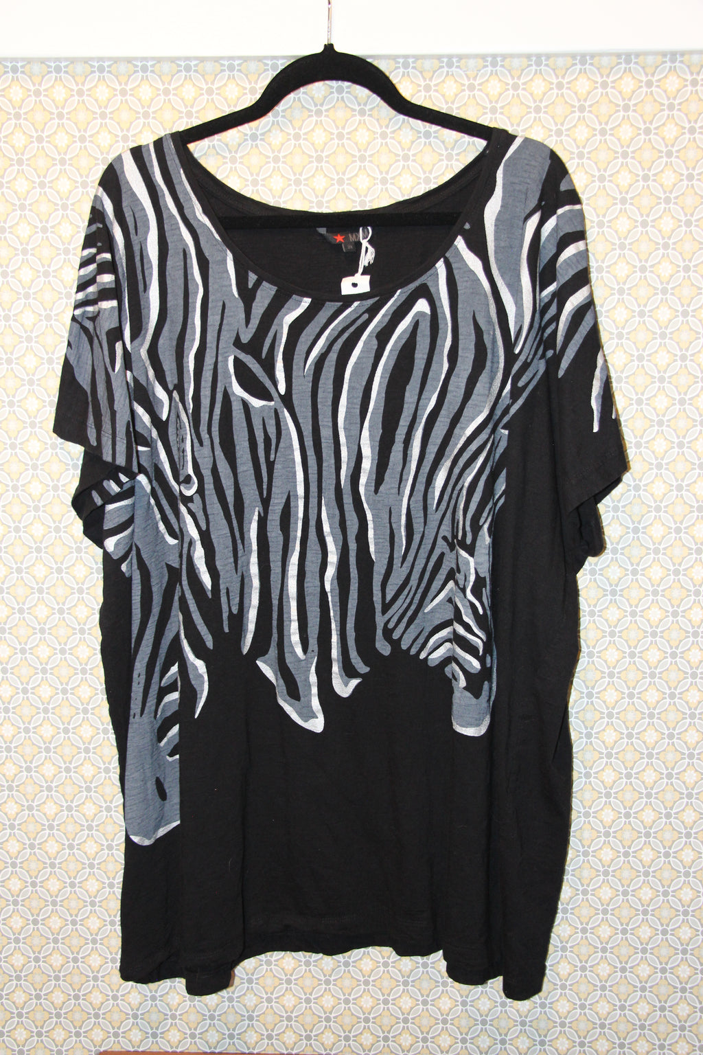 Size 3X MXM Boho Print Black Short Sleeve Blouse