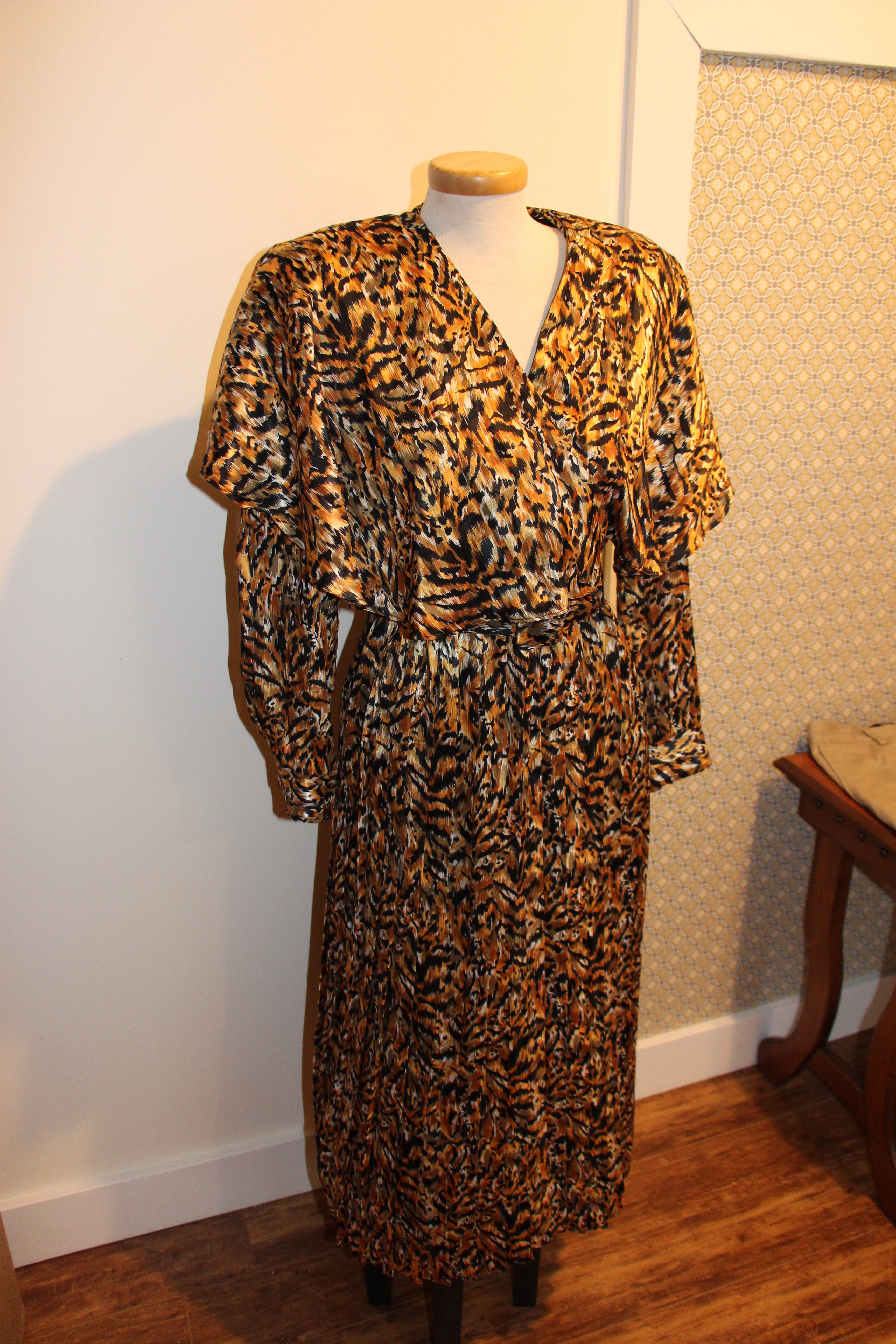 Size 6 Vintage 80's tiger print belted dress with pleated skirt by P.M. Par Randy Pantel