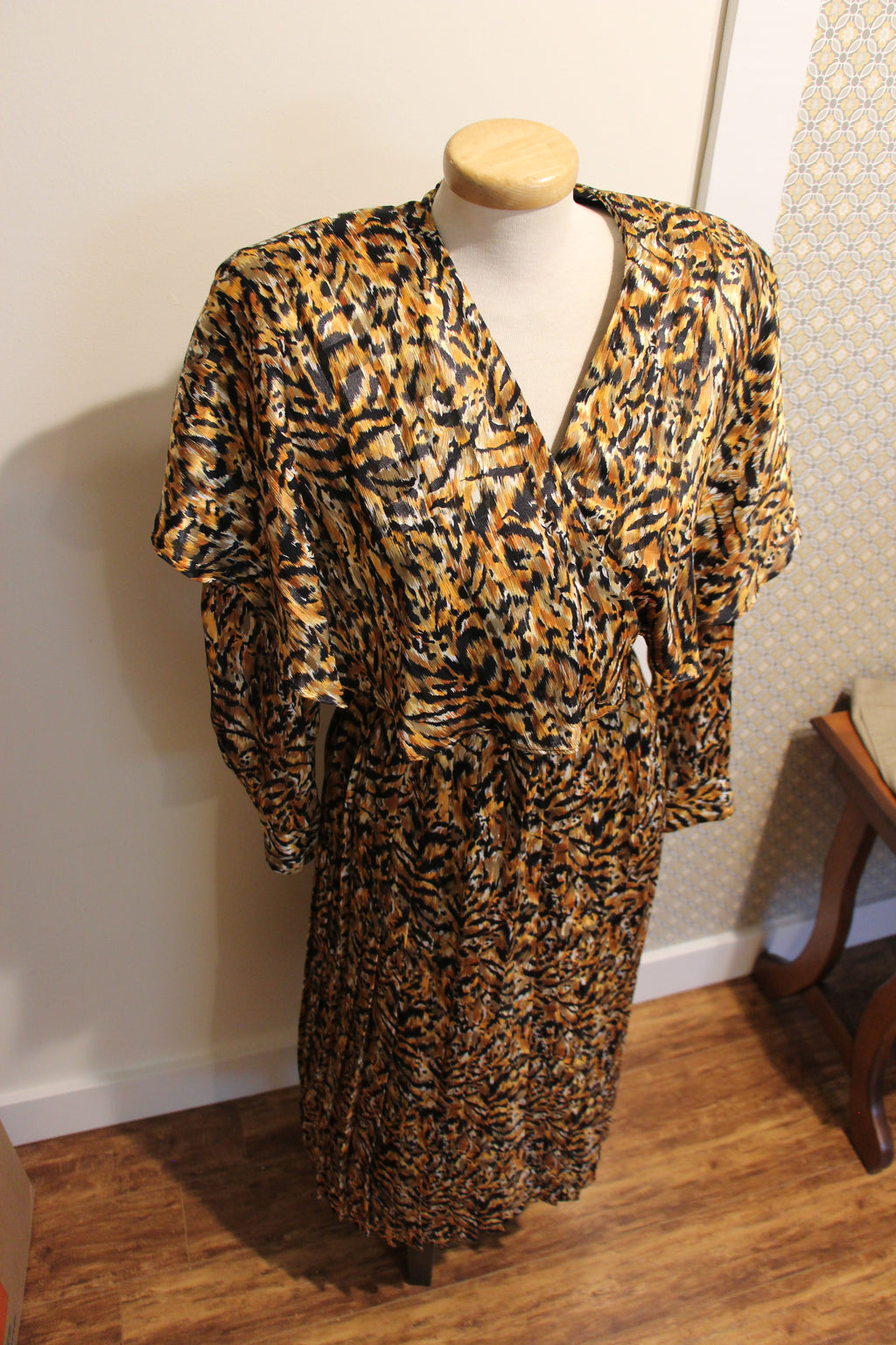 Size 6 Vintage 80's tiger print belted dress with pleated skirt by P.M. Par Randy Pantel