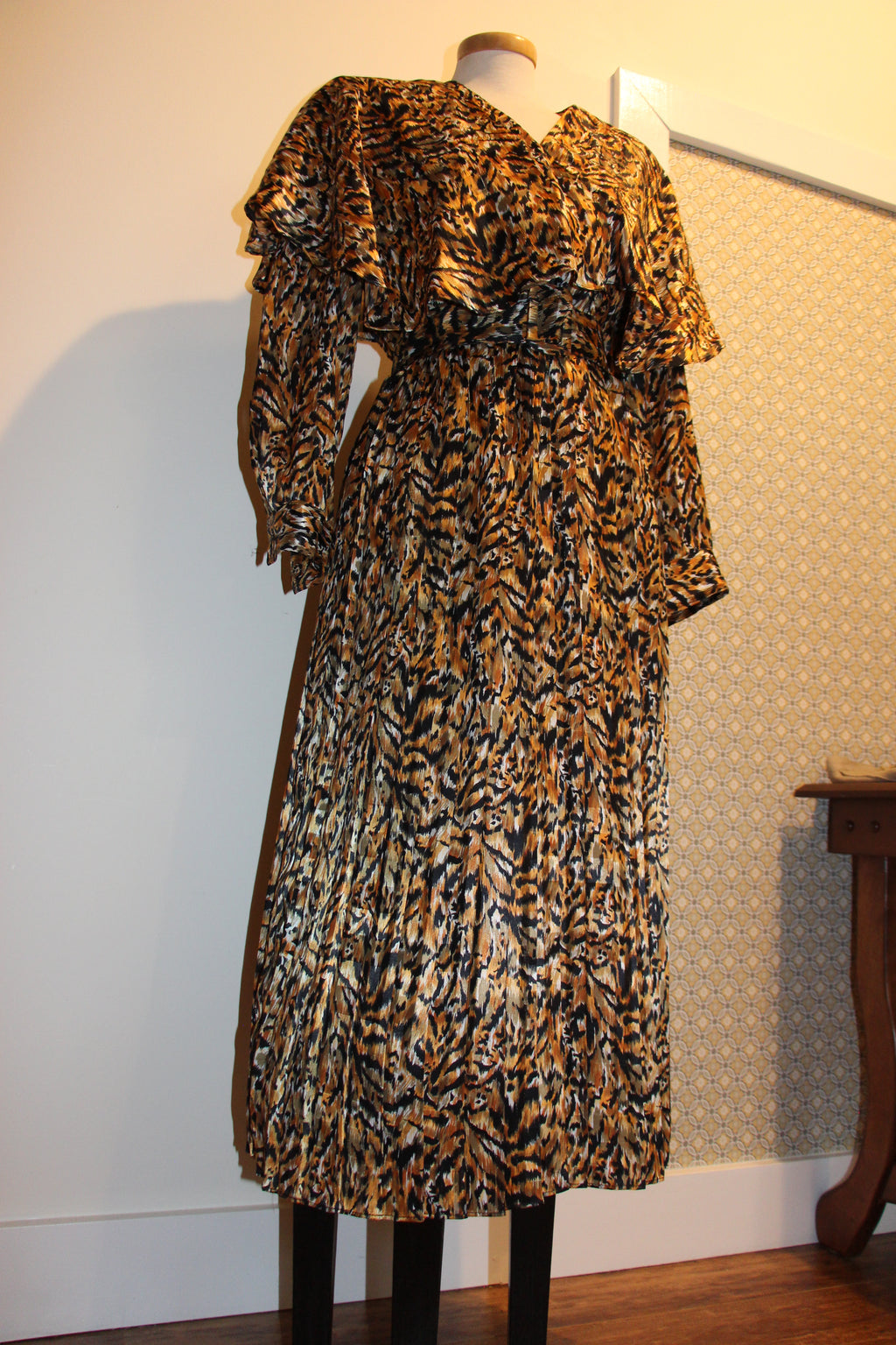Size 6 Vintage 80's tiger print belted dress with pleated skirt by P.M. Par Randy Pantel
