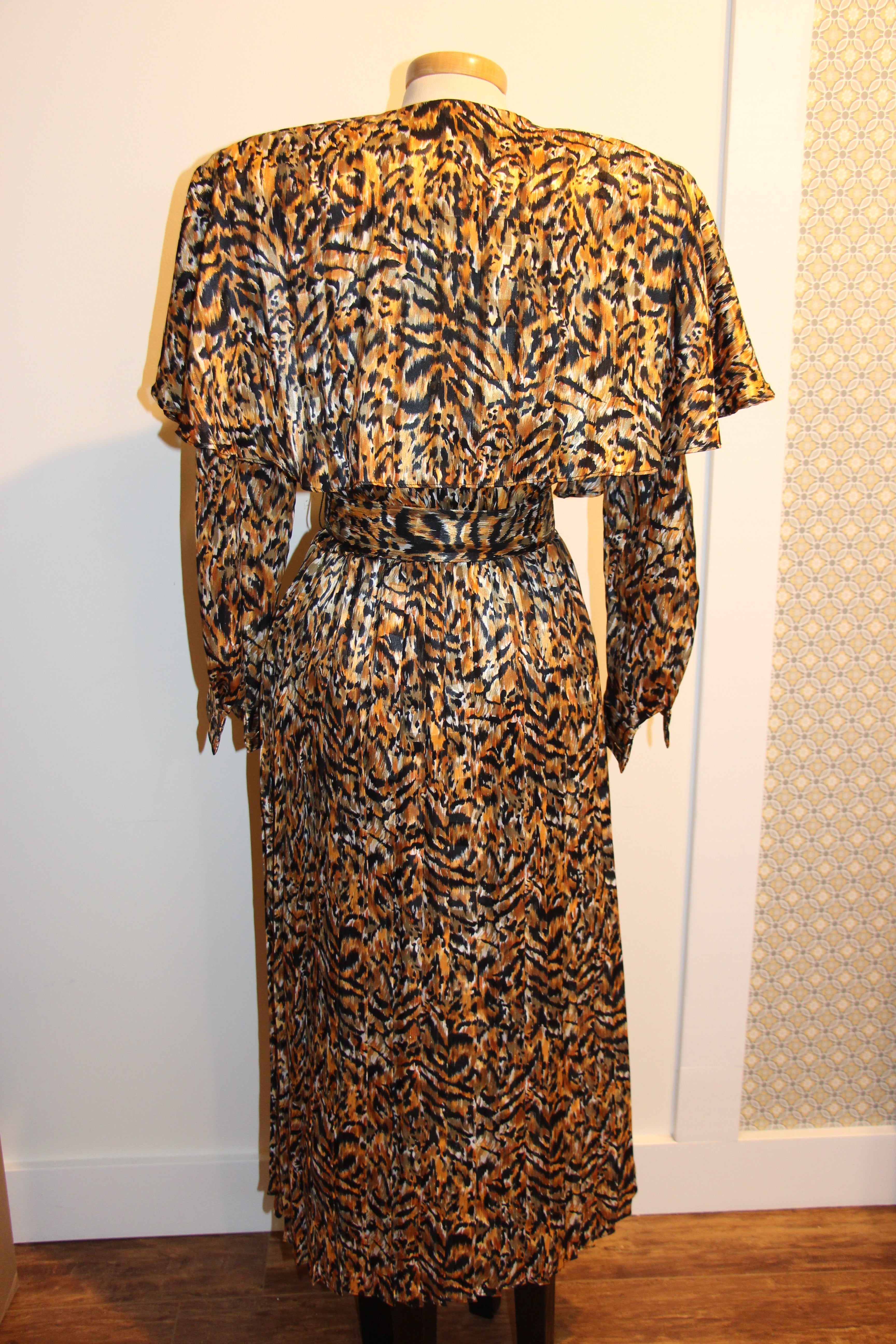 Size 6 Vintage 80's tiger print belted dress with pleated skirt by P.M. Par Randy Pantel