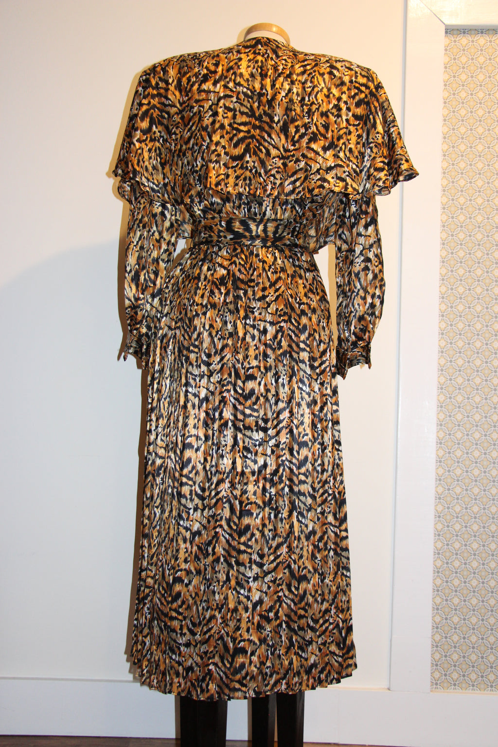 Size 6 Vintage 80's tiger print belted dress with pleated skirt by P.M. Par Randy Pantel