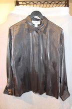 Size 14 Nygard Rayon Blend Button Up Grey Shiny Black Pinstriped Long Sleeve Dress Shirt