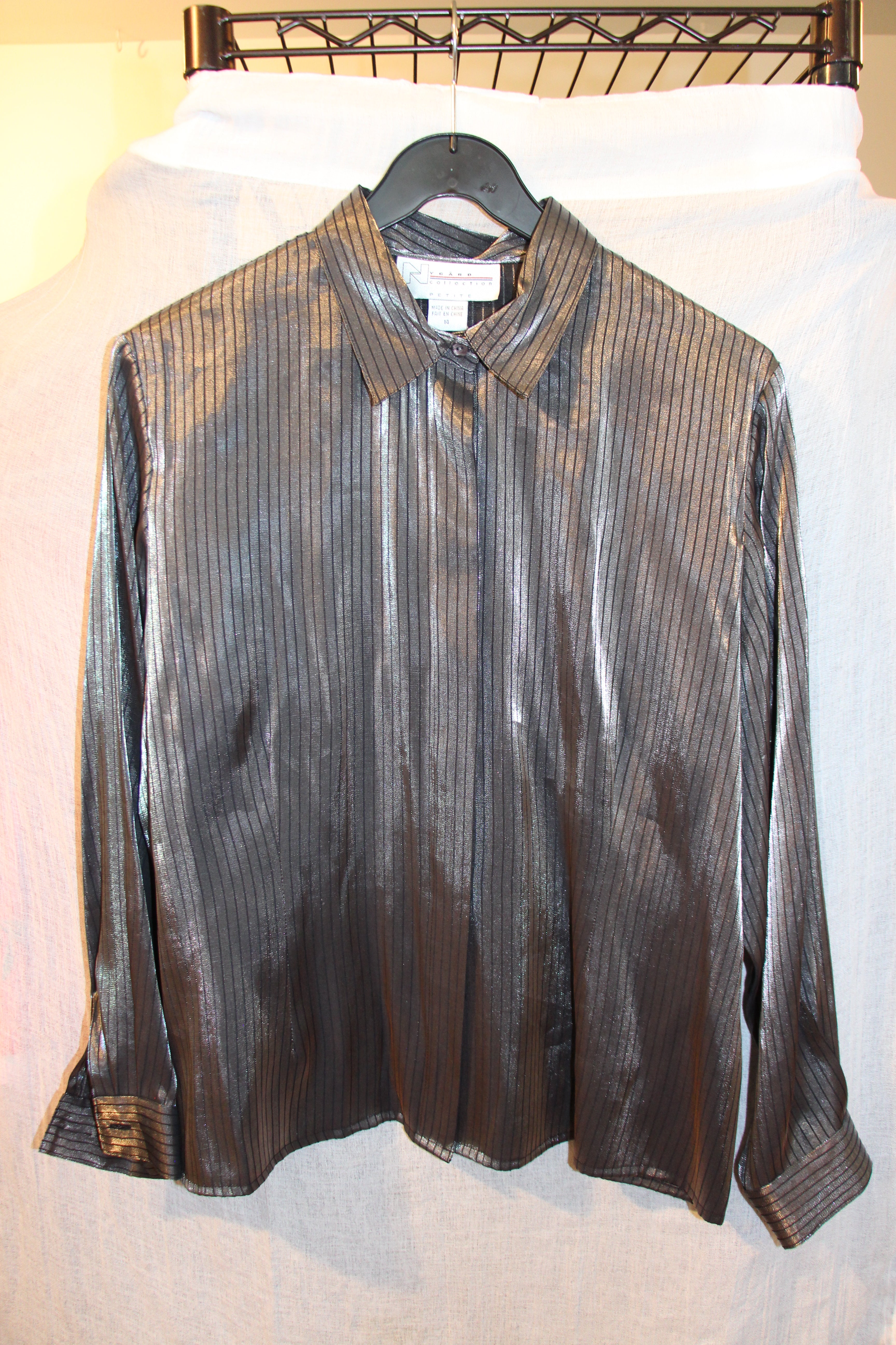 Size 14 Nygard Rayon Blend Button Up Grey Shiny Black Pinstriped Long Sleeve Dress Shirt