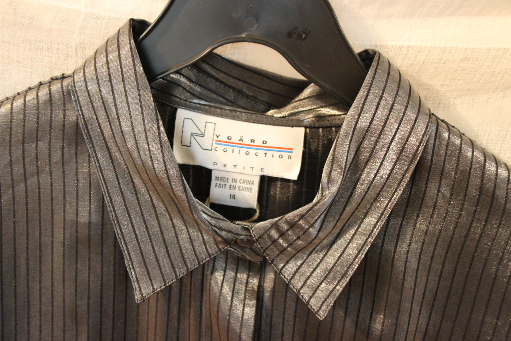 Size 14 Nygard Rayon Blend Button Up Grey Shiny Black Pinstriped Long Sleeve Dress Shirt