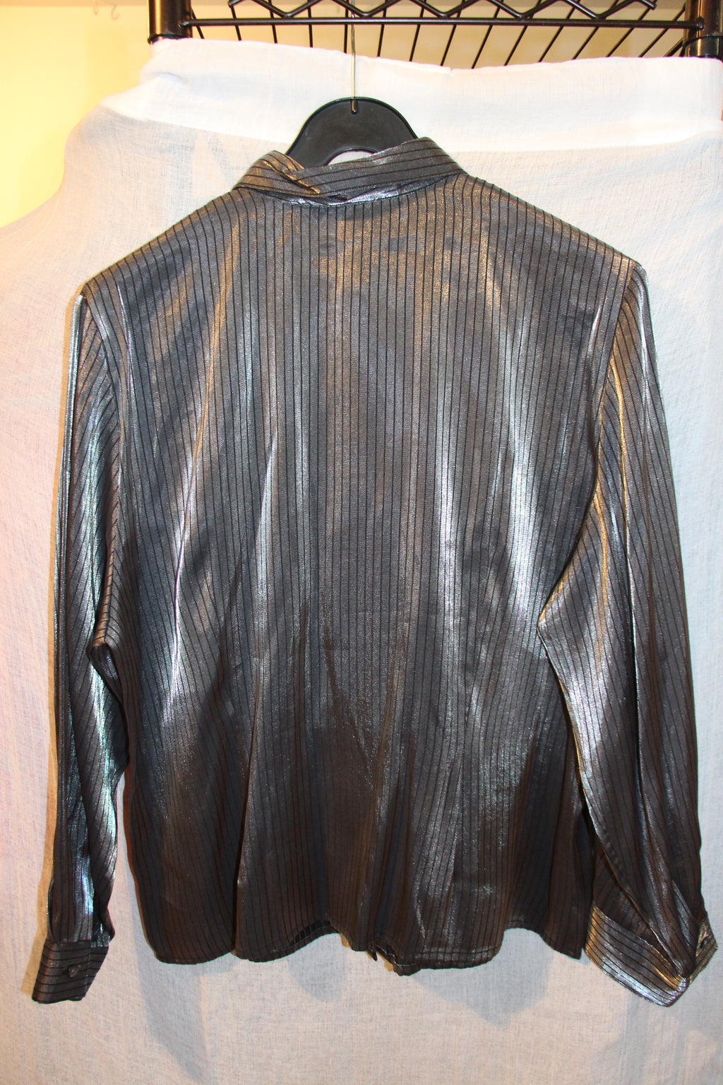 Size 14 Nygard Rayon Blend Button Up Grey Shiny Black Pinstriped Long Sleeve Dress Shirt