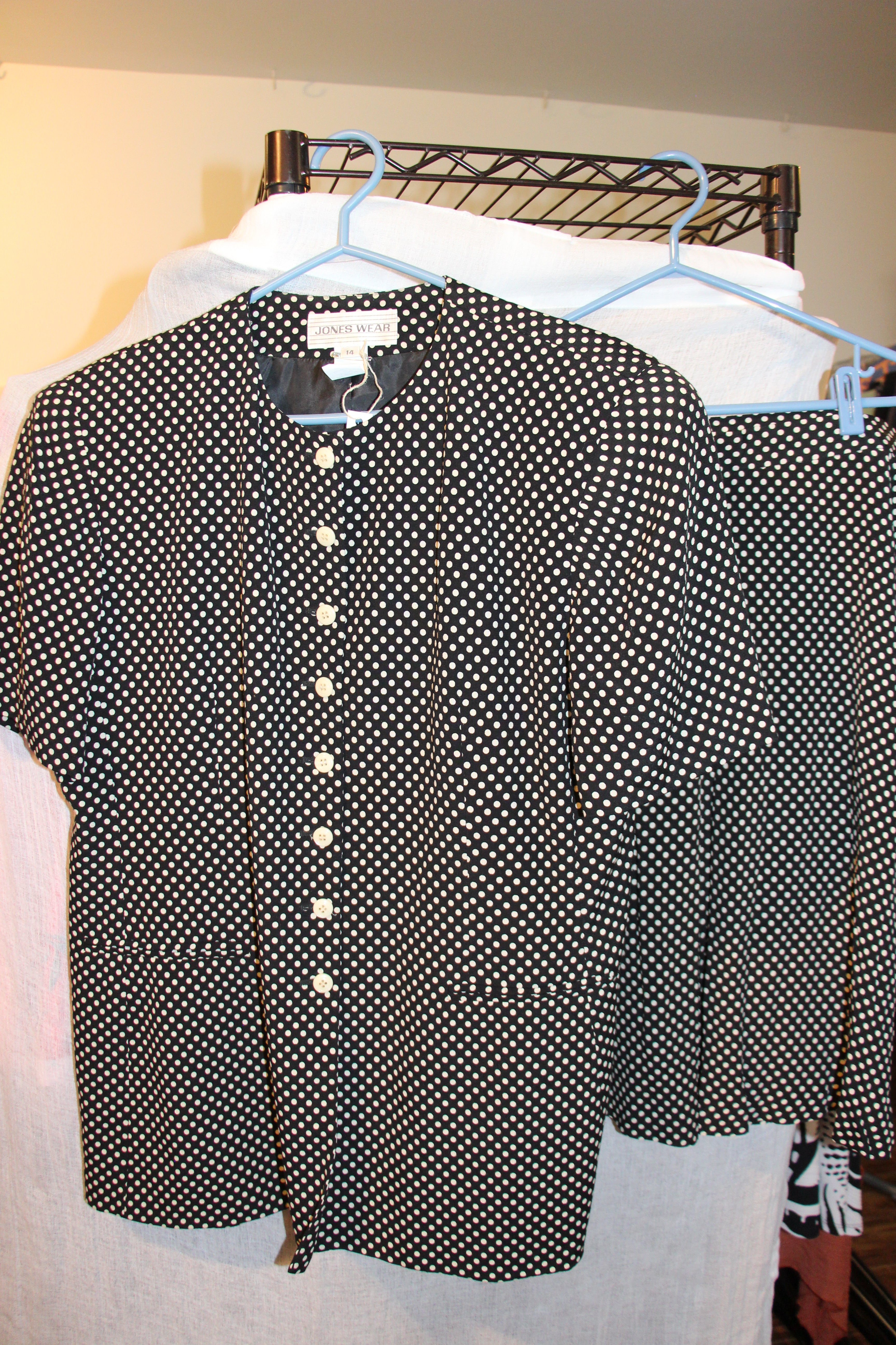 Size 14 Vintage Jones Wear Black with White Polka Dots Skirt Suit