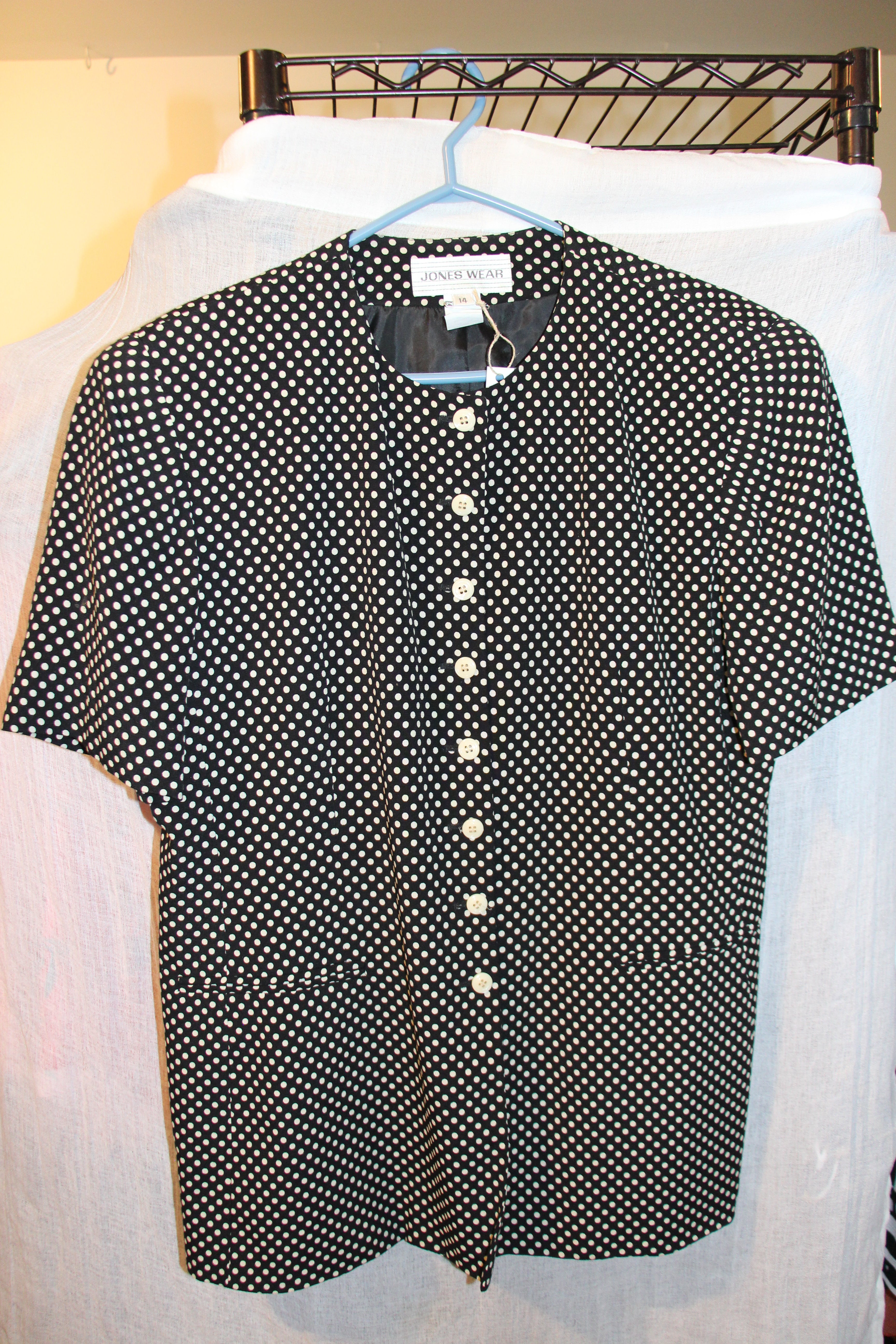Size 14 Vintage Jones Wear Black with White Polka Dots Skirt Suit