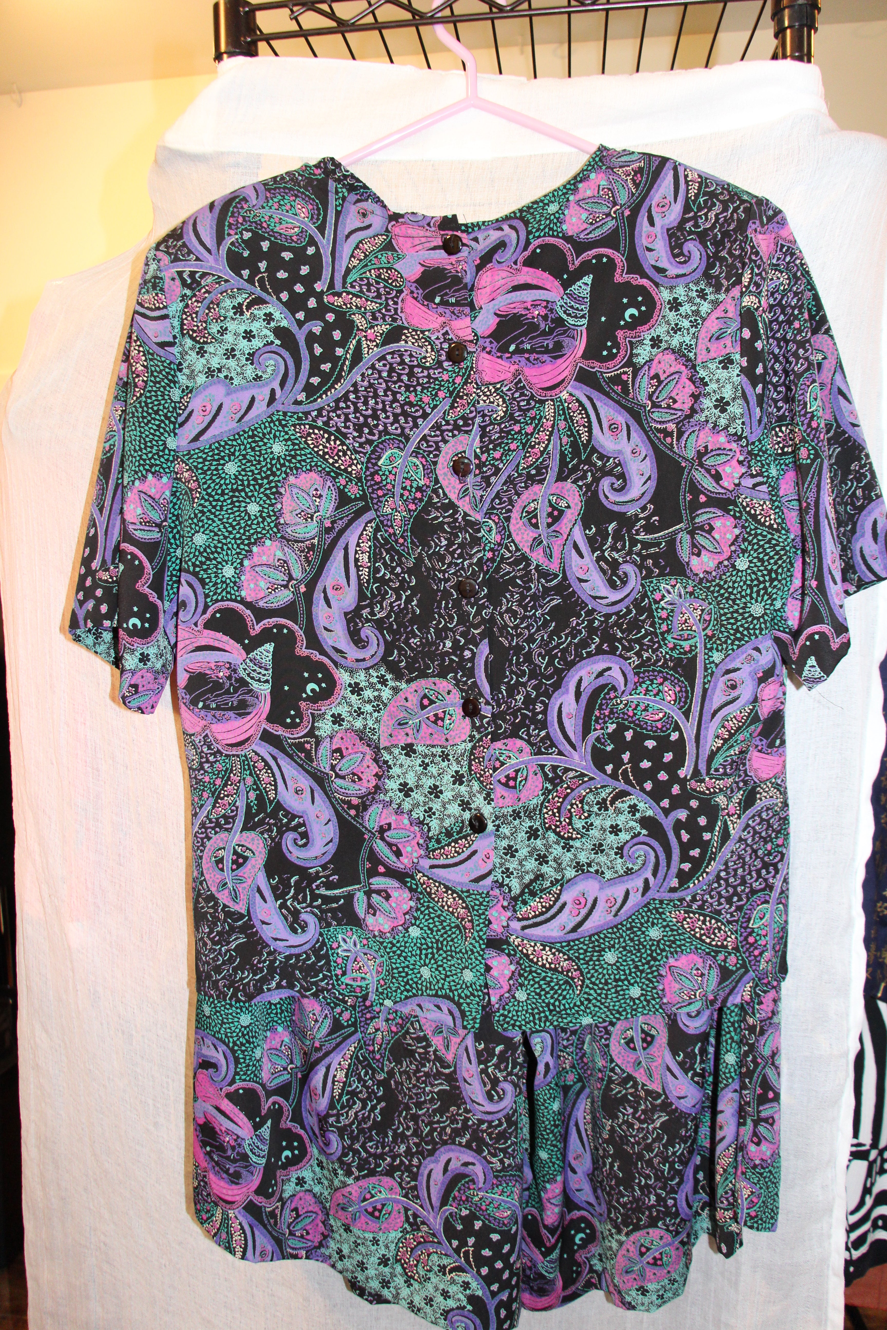 Size L Vintage Emblem Multicolored Gaucho Pants Short Sleeve Suit