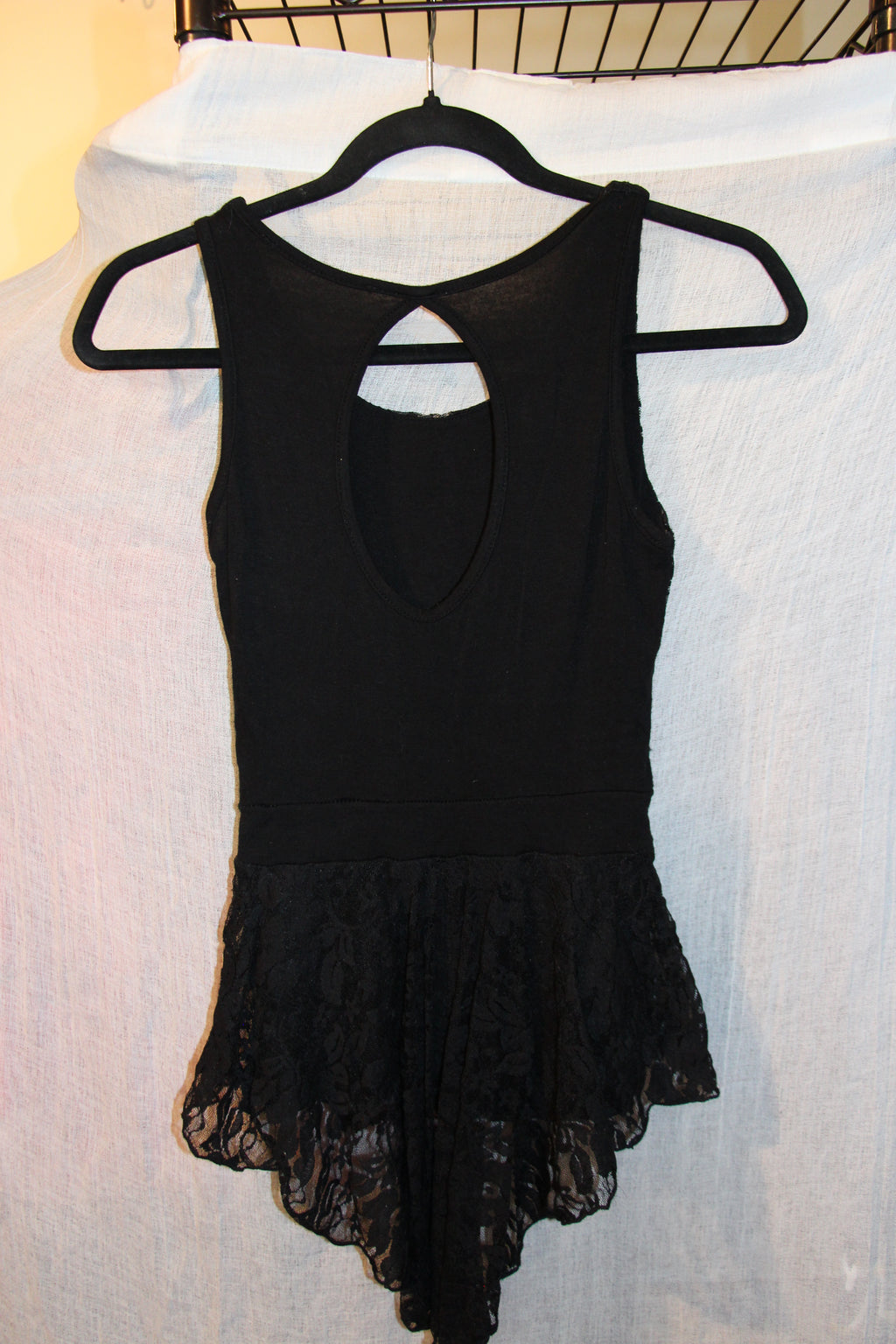 Lined Black Lace Sleeveless Top With Cut Out Back And High-Low Skirted Waist Hem